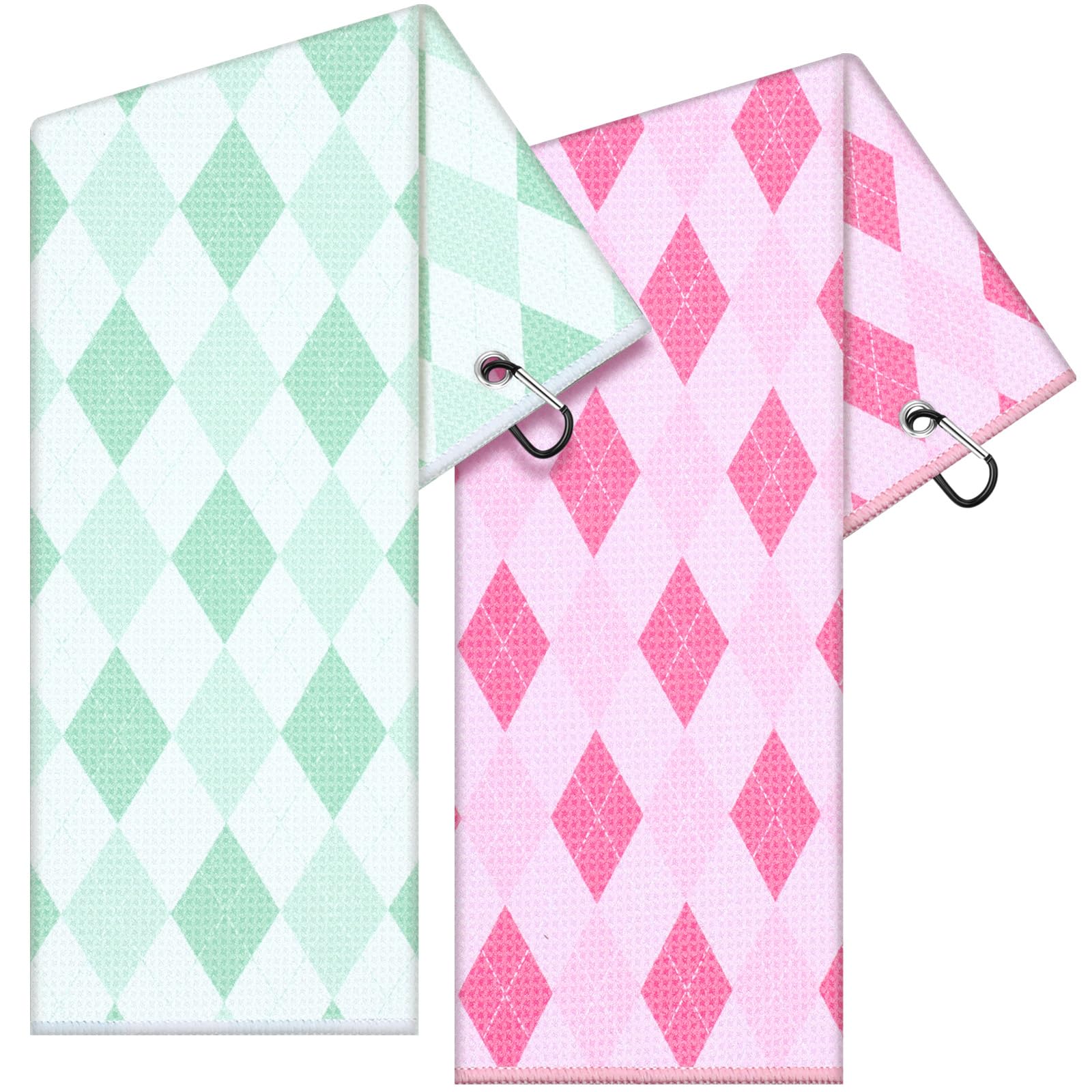 Mindsoft 2 Pieces Funny Golf Towel Microfiber Embroidered Ball Towels for Women Ball Bags with Clips Accessories Waffle Pattern for Golf Fan Mother Birthday Gifts(Pink Mint Green,Argyle Style)