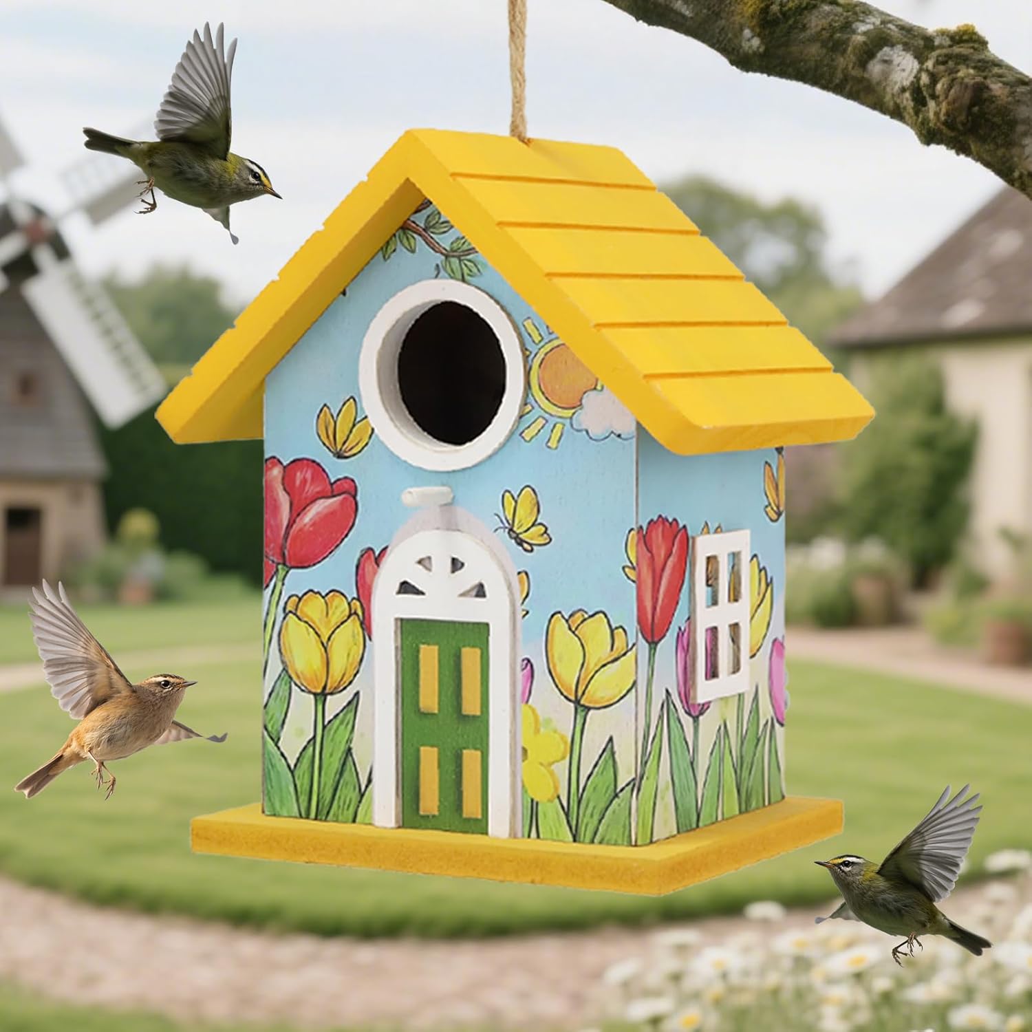 Wooden Bird Houses Bird House for Outside Yellow Wood Bird House for Outdoors,Handmade Painted Tulips Bird Houses for Garden Blue Bird Hummingbird Wren Cardinal Swallow Sparrow Finch Chickadee - Image 7