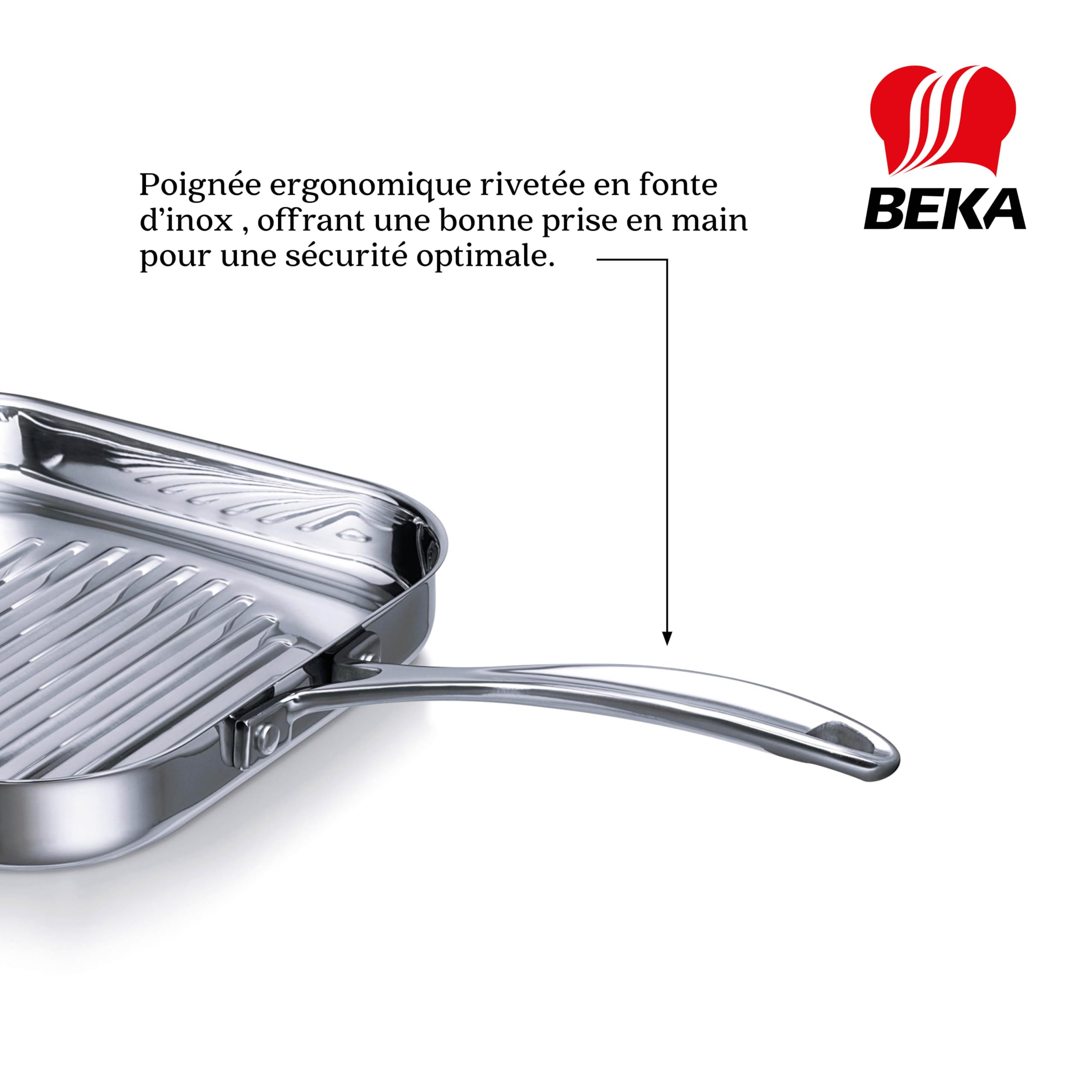 Beka Chef - Poêle Gril Inox 18/10 - 26,5 cm - Forme Rectangulaire - Tous Feux Compatible Induction - Acier Inoxydable