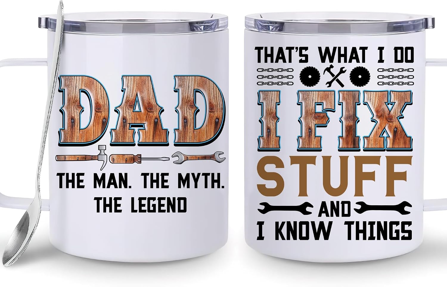 Hyturtle Dad Mug With Lid & Spoon Gifts from Son Daughter, 12oz Insulated Stainless Steel, Funny Christmas Birthday Gifts For Mechanic Dad Father, Unique Gift Ideas For Him Men Coffee Tea Mug Cup