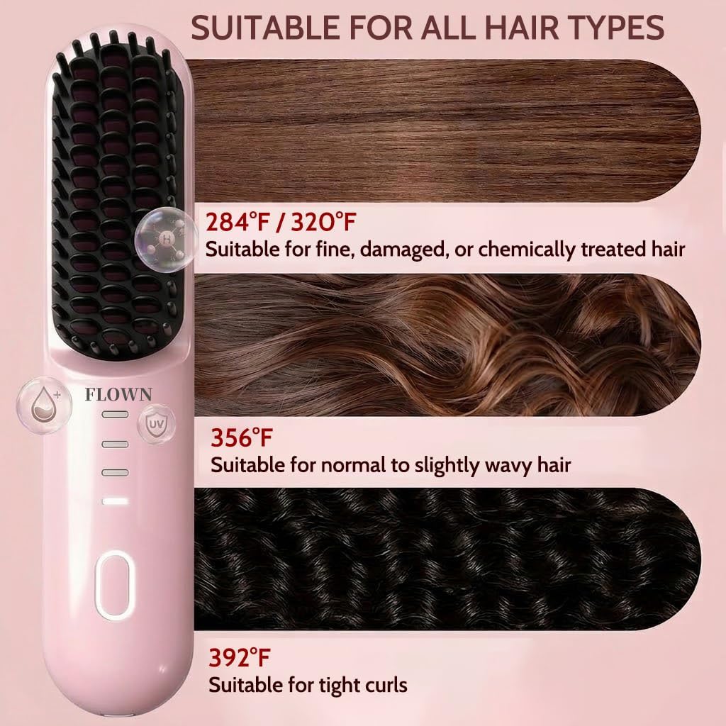 for Short Hair, Cordless Hair Straightener Brush for Travel, Portable Type-C Fast Charging Mch Heating with 4 Temperature Settings, Adds Volume, Frizz-Free Styling
