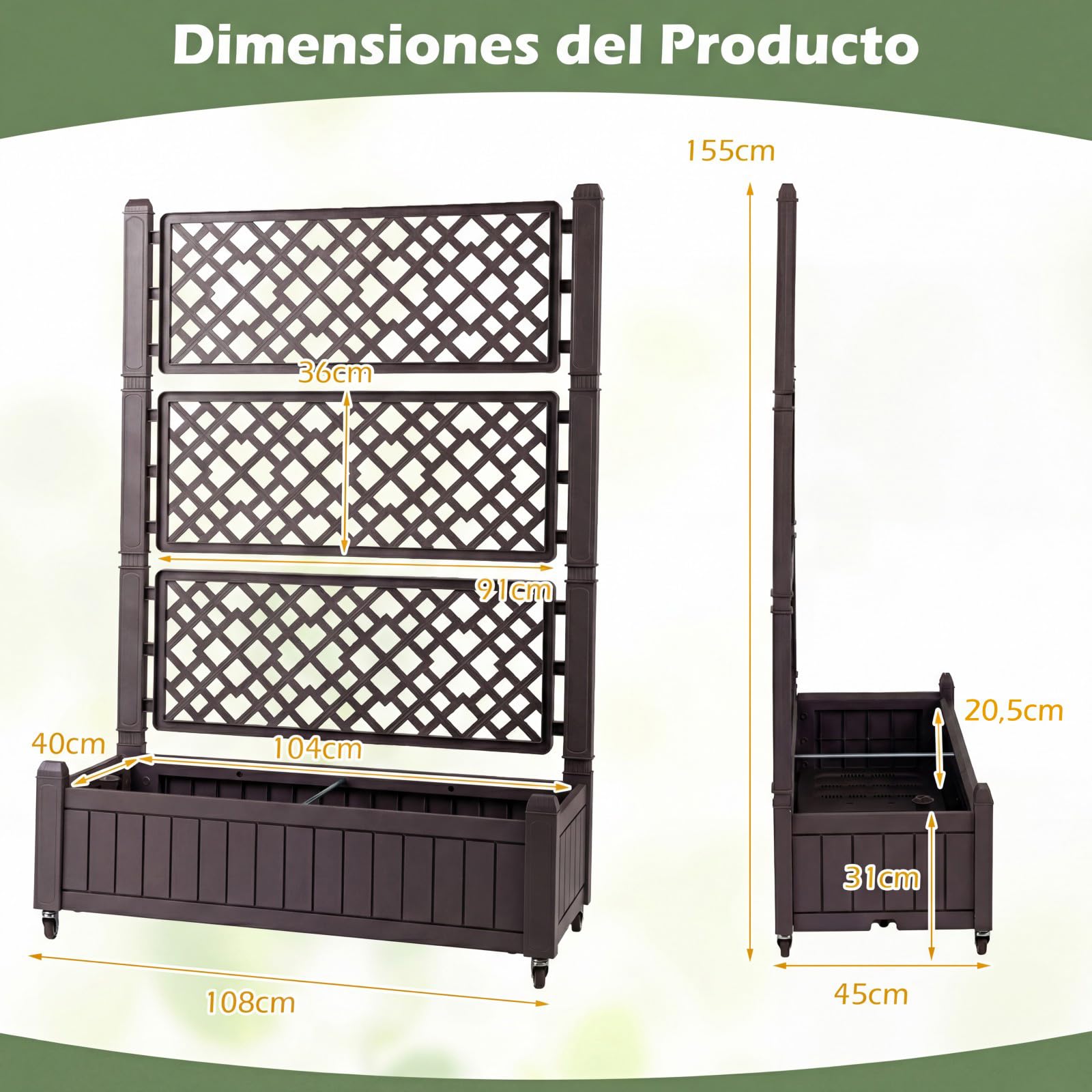 COSTWAY Jardinera Elevada con Enrejado, Cama de Jardín Elevada con Ruedas, Tapón y Medidor para Verduras y Plantas Trepadoras, Macetero Grande de PP para Exterior Jardín y Balcón, 108 x 45 x 155 cm