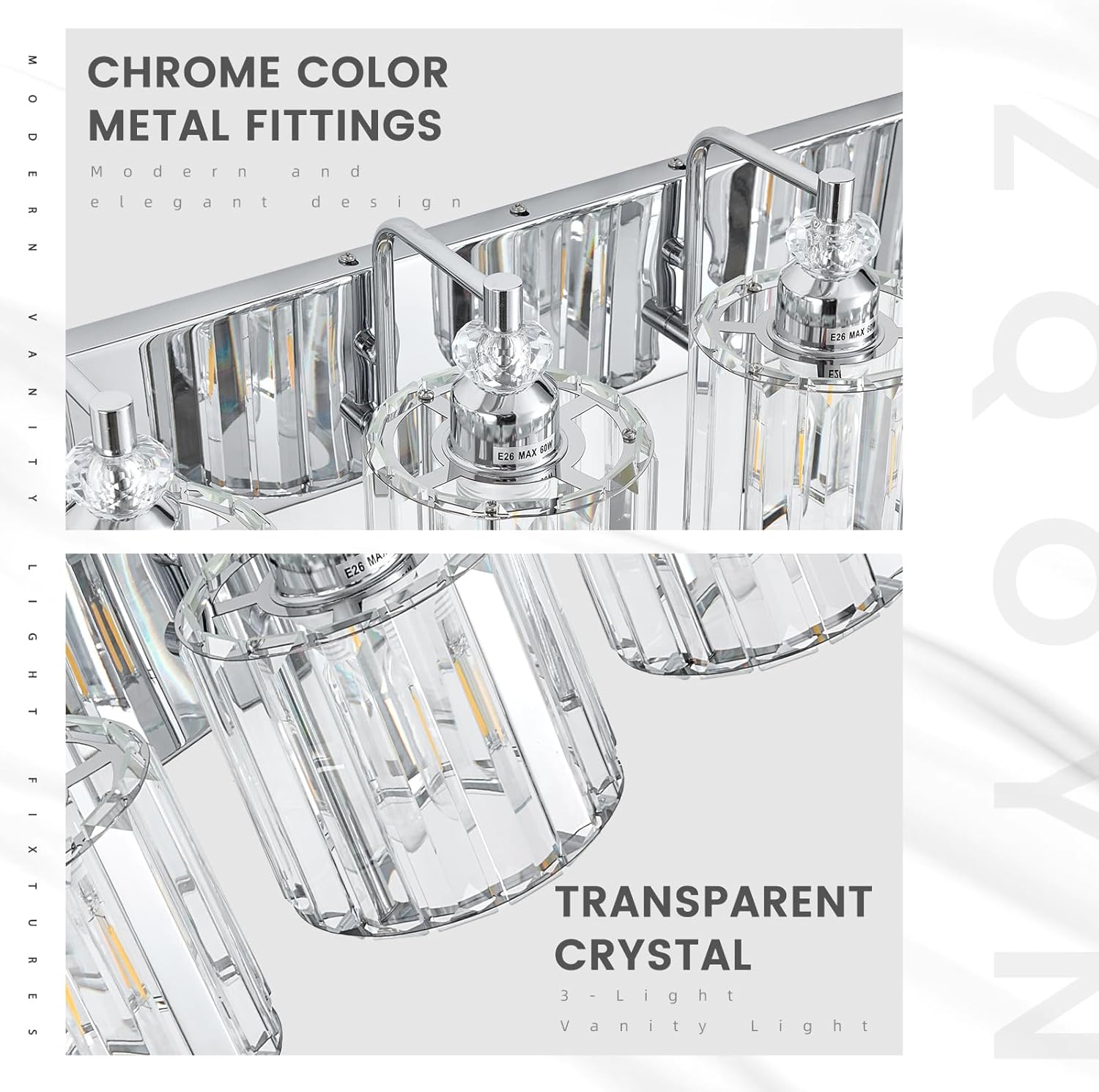 3-Light Modern Bathroom Light Fixture Chrome Bathroom Vanity Lights Over Mirror Wall Sconce Lighting with K9 Crystal Shades E26 Base for Bedroom, Living Room, Hallway, Cabinet Wall Lamp