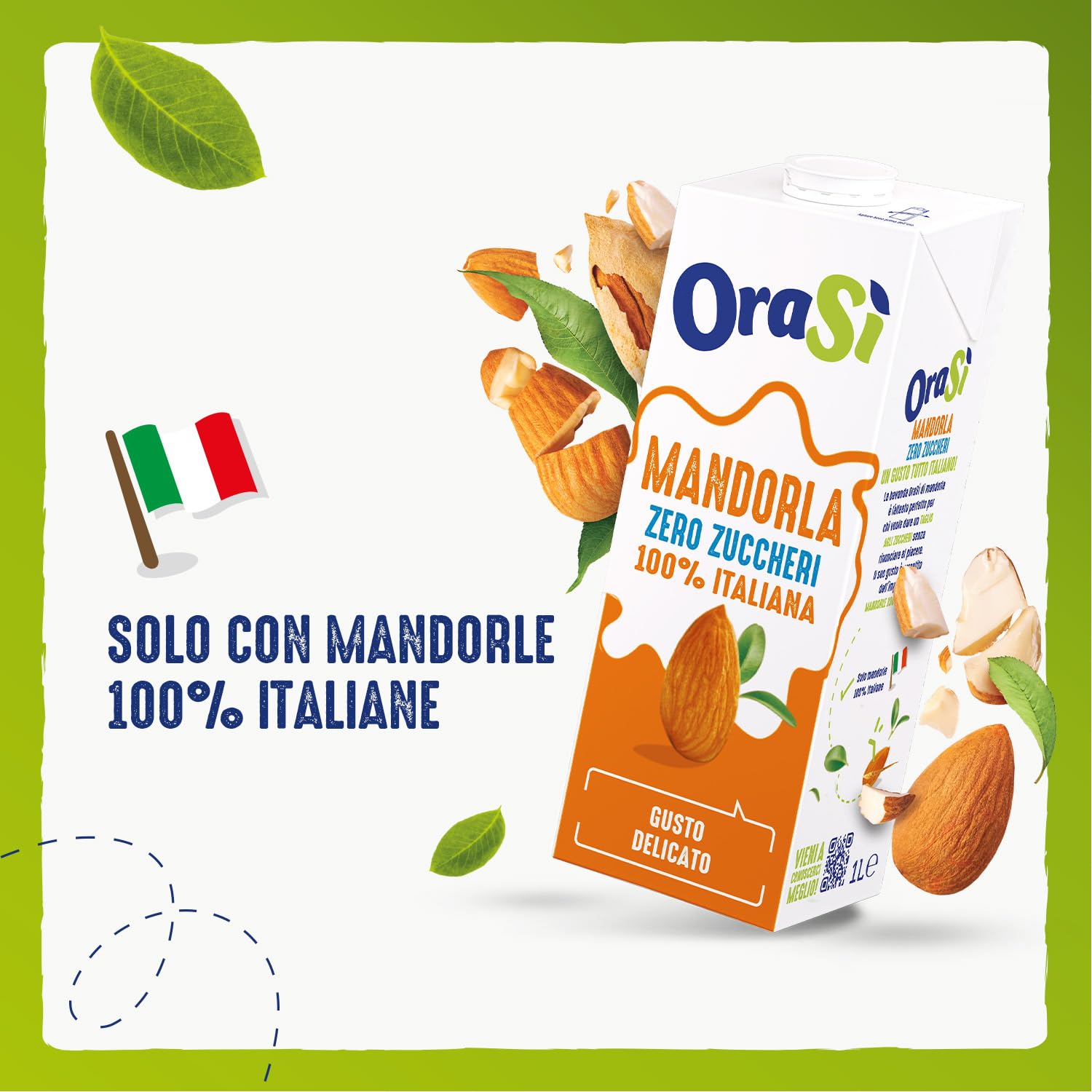 OraSì Bevanda di mandorla zero zuccheri (1 litro, 12 unità) - Alternativa vegetale al latte con mandorle italiane - Senza lattosio e glutine - Naturale e leggera - Per ricette vegane, dolci e salate