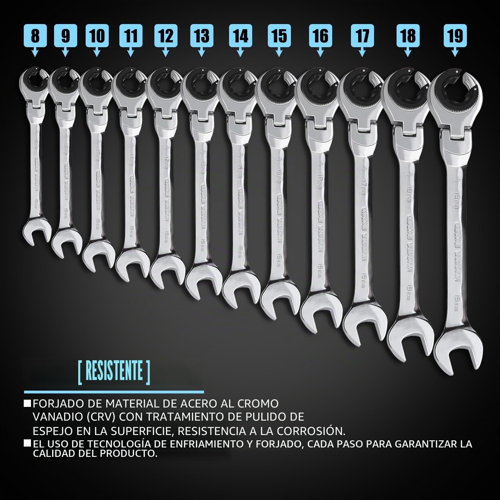 LOSCHEN Llave de carraca métrica, 12 piezas, 8-19 mm, llave métrica con 72 dientes, carraca de acero al cromo vanadio