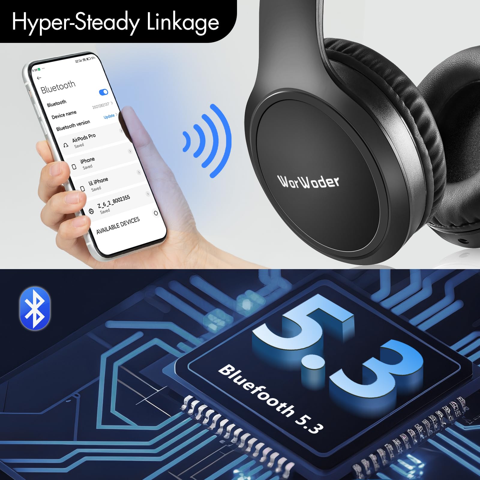 Bluetooth Headphones Over Ear, 60H Playtime And 3 EQ Music Modes Wireless Headphones With Microphone, HiFi Stereo Foldable Lightweight Headset, Deep Bass For Home Office Cellphone PC - View #7