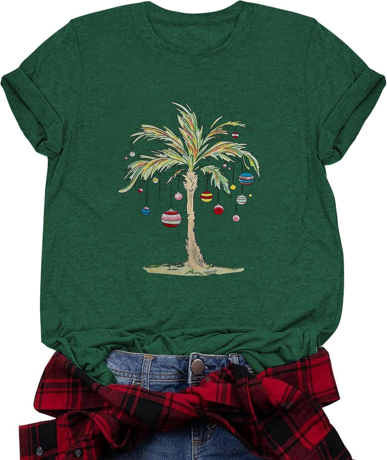 Christmas in July T Shirts for Women Watermelon Xmas Tree and Palm Tree T-Shirt Summer Beach Party Vacation Short Sleeve Tops