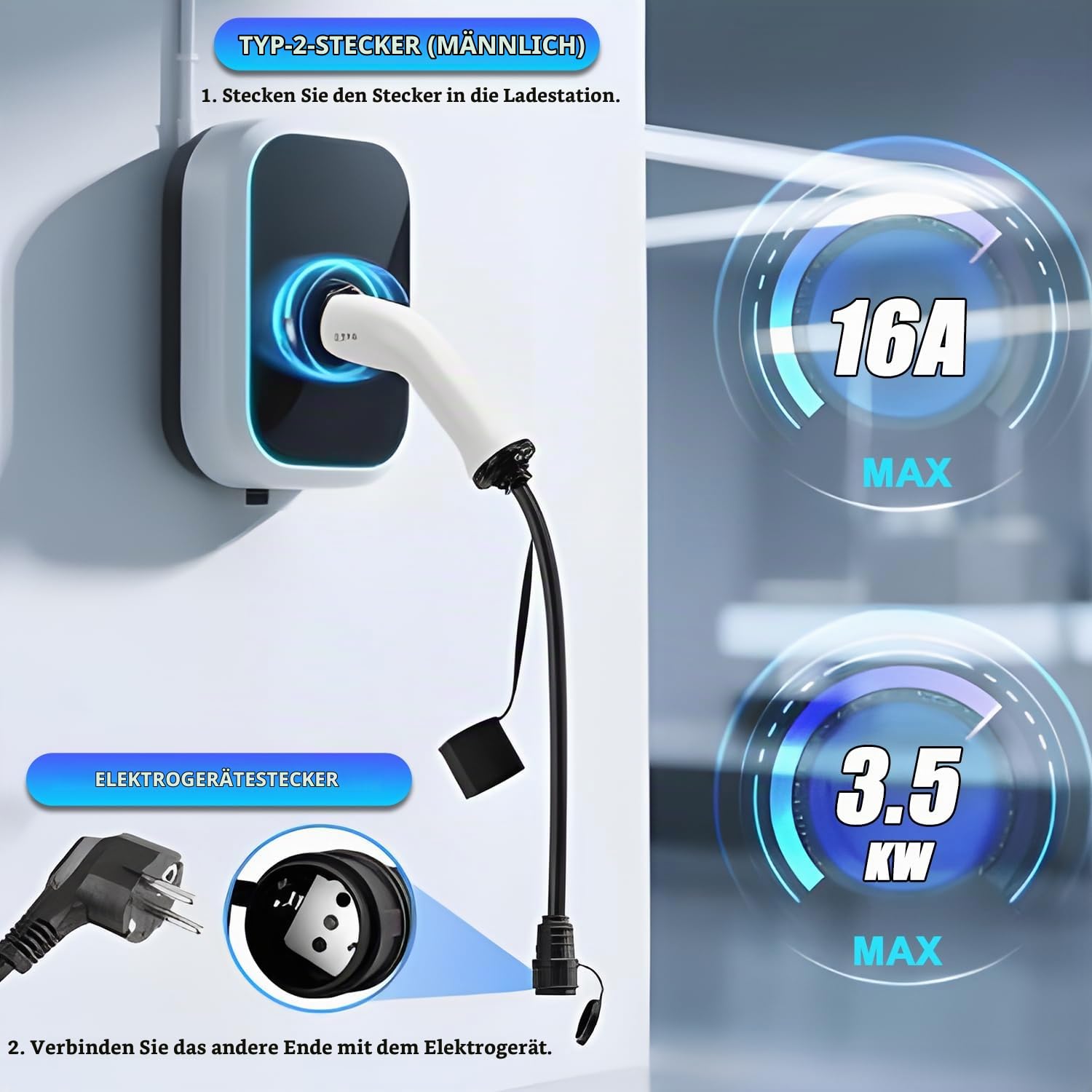VOBOR Elektroauto Ladegerät Adapter, Typ 2 auf Schuko Adapter für Schuko auf IEC 62196 Typ 2 Auto Ladestationen, Wallbox Schuko Ladekabel Adapter für EV Adapter