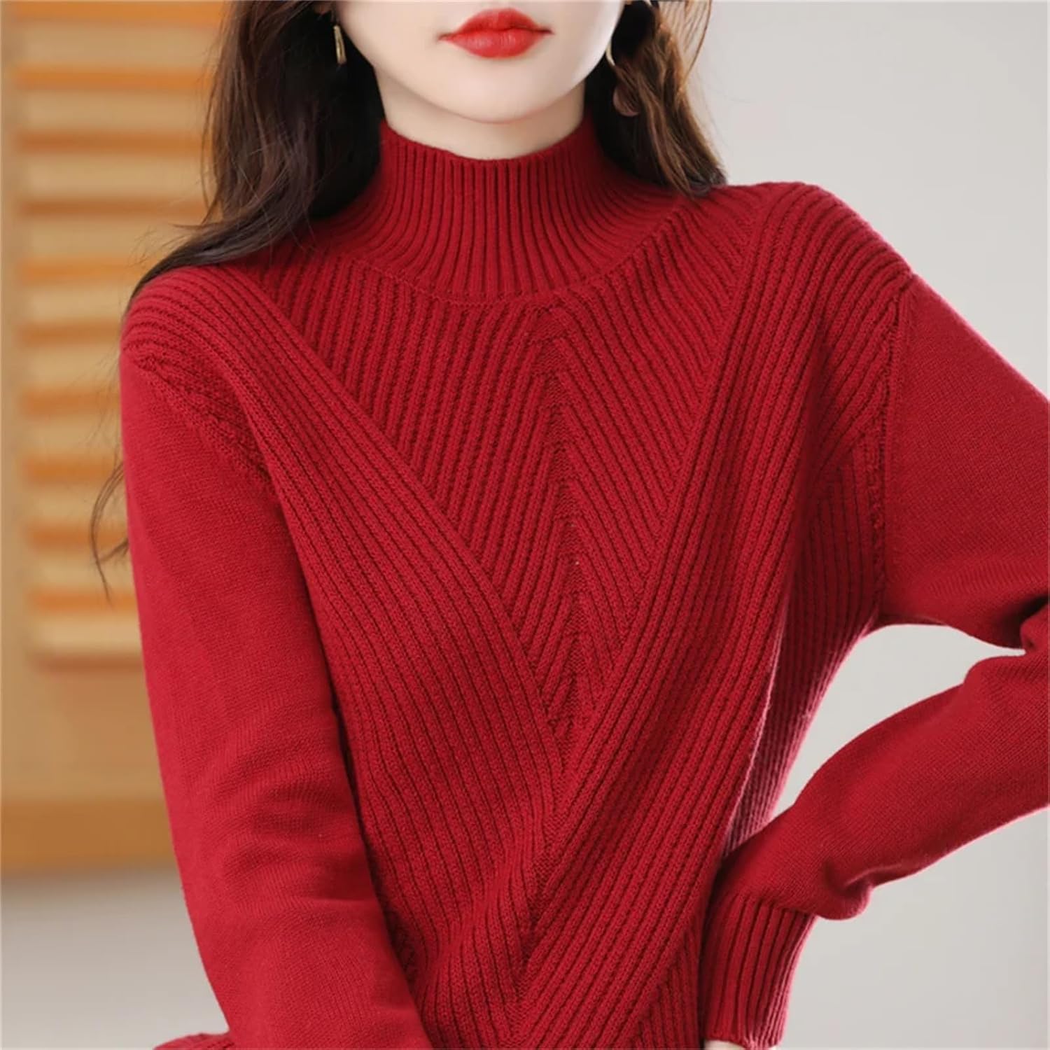 Cotton Knit Sweater Half High Collar Stripe Pullover Thickened Bottoming Casual Knitted Top for Girls