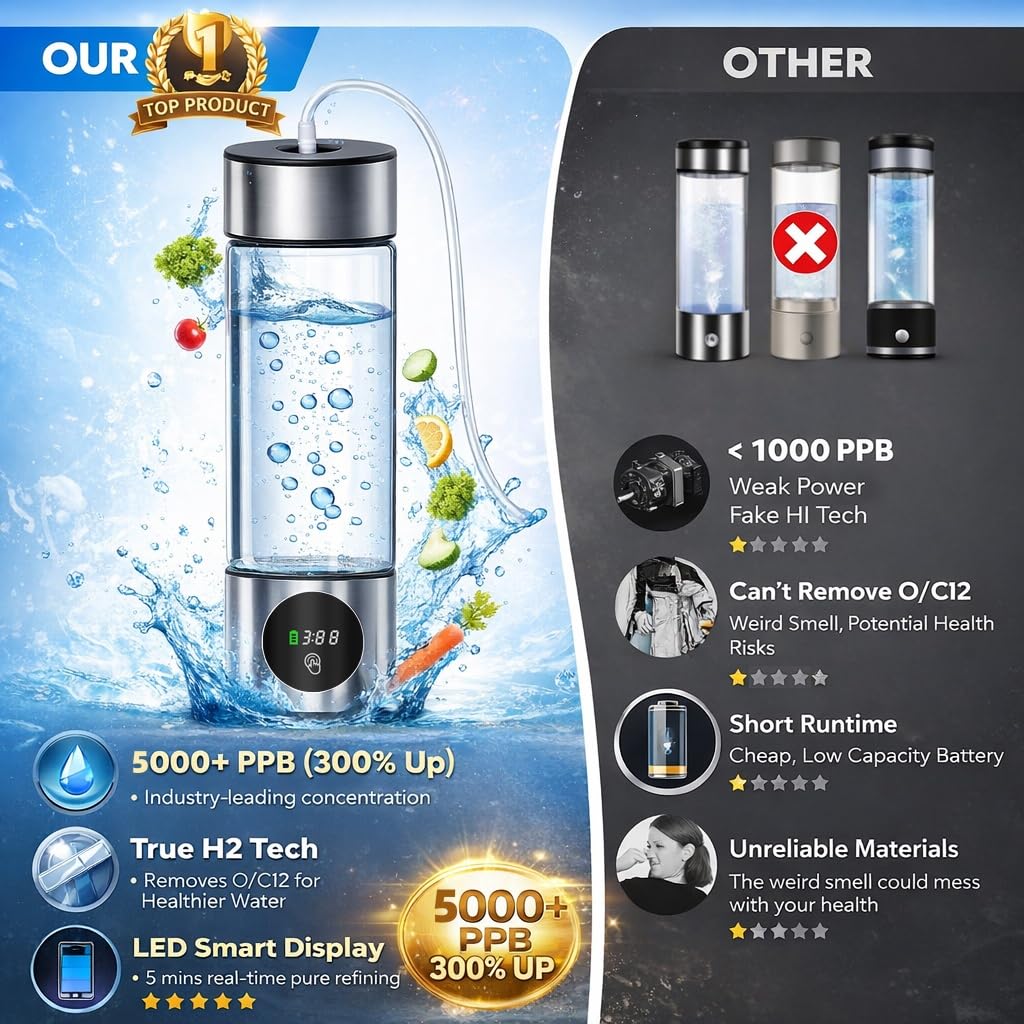 Upgrade Hydrogen Water Bottle, 16oz / 460ml Hydrogen Water Generator with SPE/PEM Tech, 5000PPB in 5 Min, Borosilicate Glass with LED Display, Rechargeable Leak-Proof Bottle for Gym, Office &Daily Use