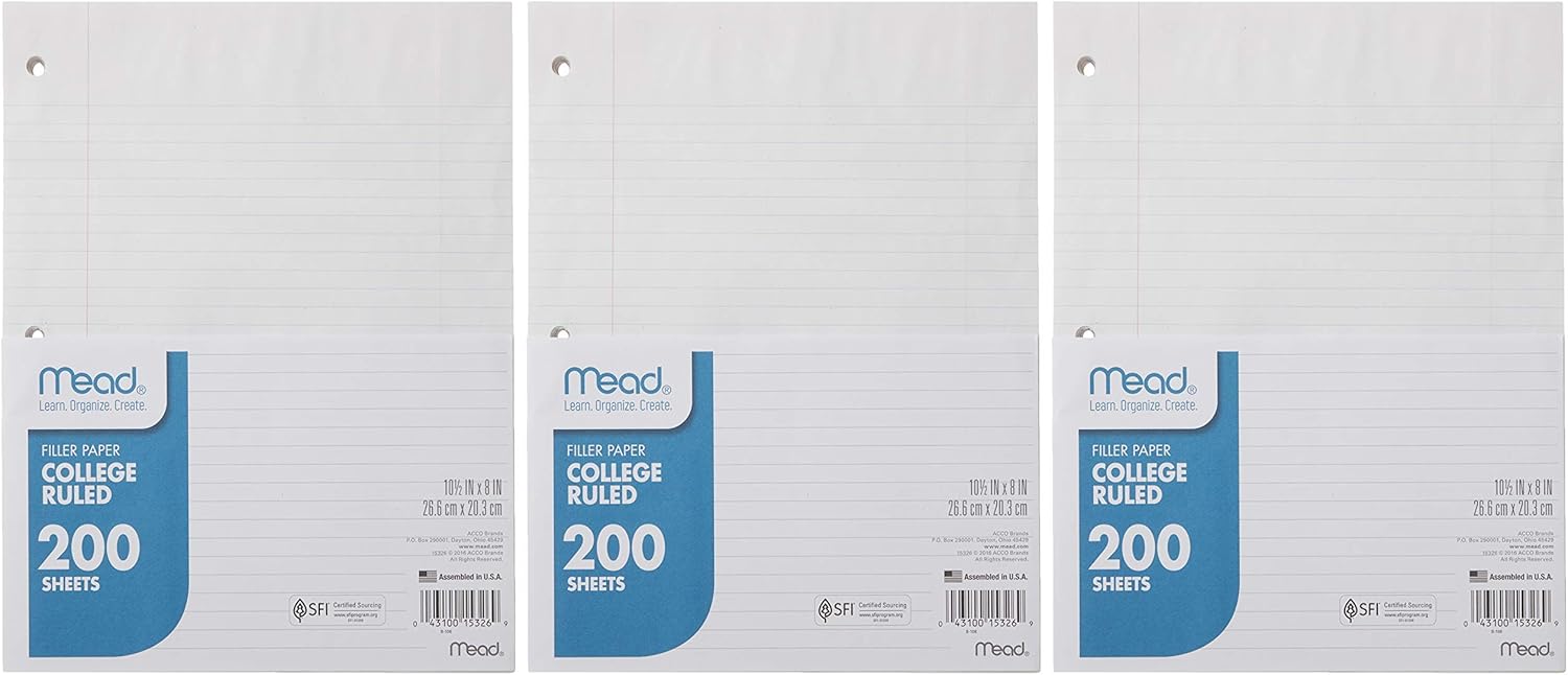 Mead Loose Leaf Paper, College Ruled, 200 Sheets, 10-1/2" x 8”, 3 Hole Punched for 3 Ring Binder, Writing & Office Paper, Perfect for College, K-12 or Homeschool, 3 Pack (73185) : Everything Else