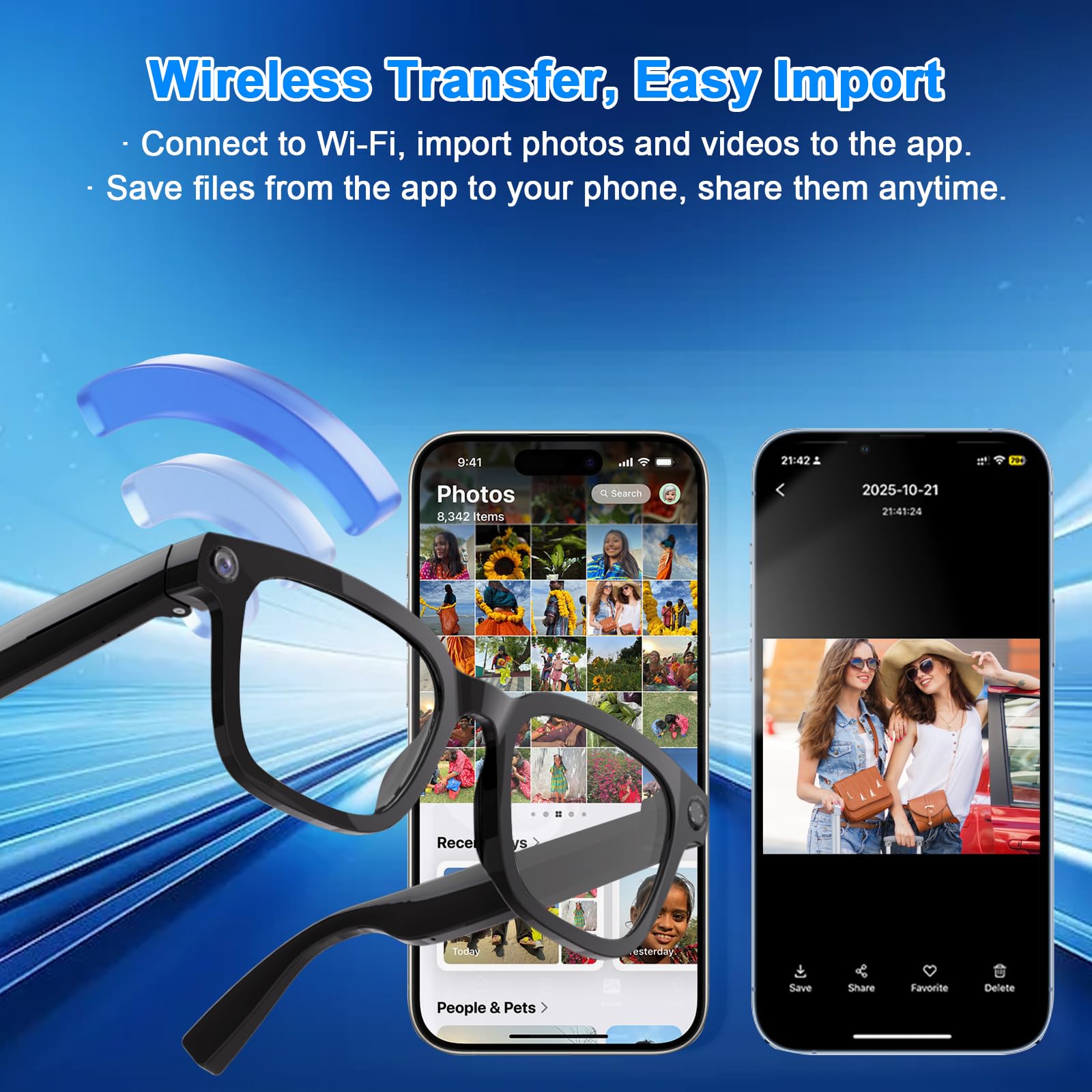 GenXenon Gafas con Cámara, Cámara 8 MP 1200P, Gafas IA con Puerto de Carga USB-C, Doble Micrófono Abierto, Admite Foto, Video y Audio, Reconocimiento de Objetos por IA, Lentes Fotocromáticas