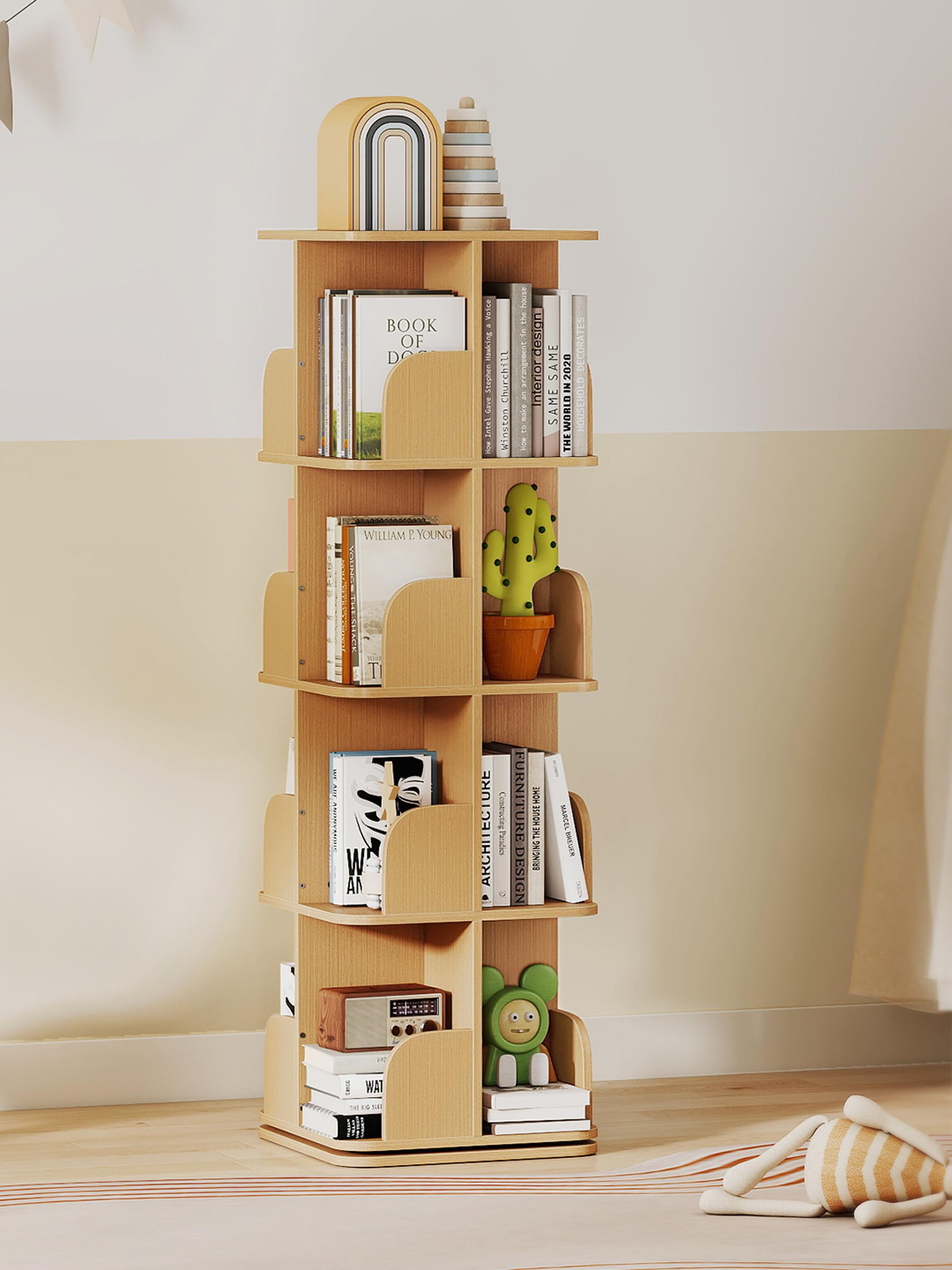 yeshine 4 Tier Rotating Bookshelf, Adjustable Tiers Square Revolving Bookcase, 360° Swivel Corner Bookshelf, Wood Colour, 40 x 40 x 128.5 cm