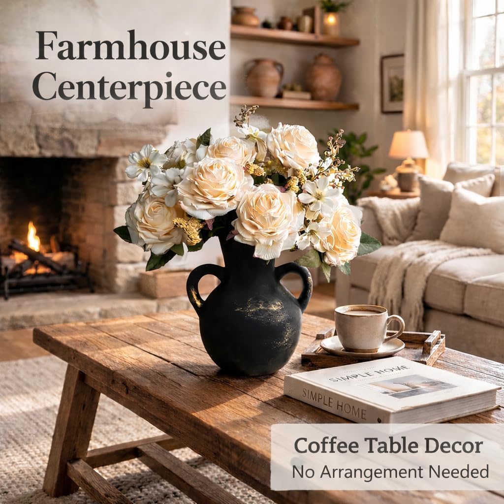 15” Flower Arrangement with Terracotta Vase, Pre-Arranged Faux Roses & Mixed Flowers Centerpiece for Rustic Farmhouse Table Decor(Black).