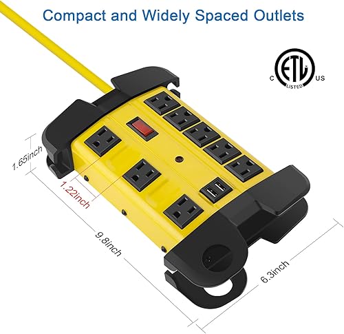 Miniatura 5 de Regleta de alimentación resistente con USB, protector de sobretensiones de 8 salidas de taller de 2700 julios, regleta de alimentación de metal