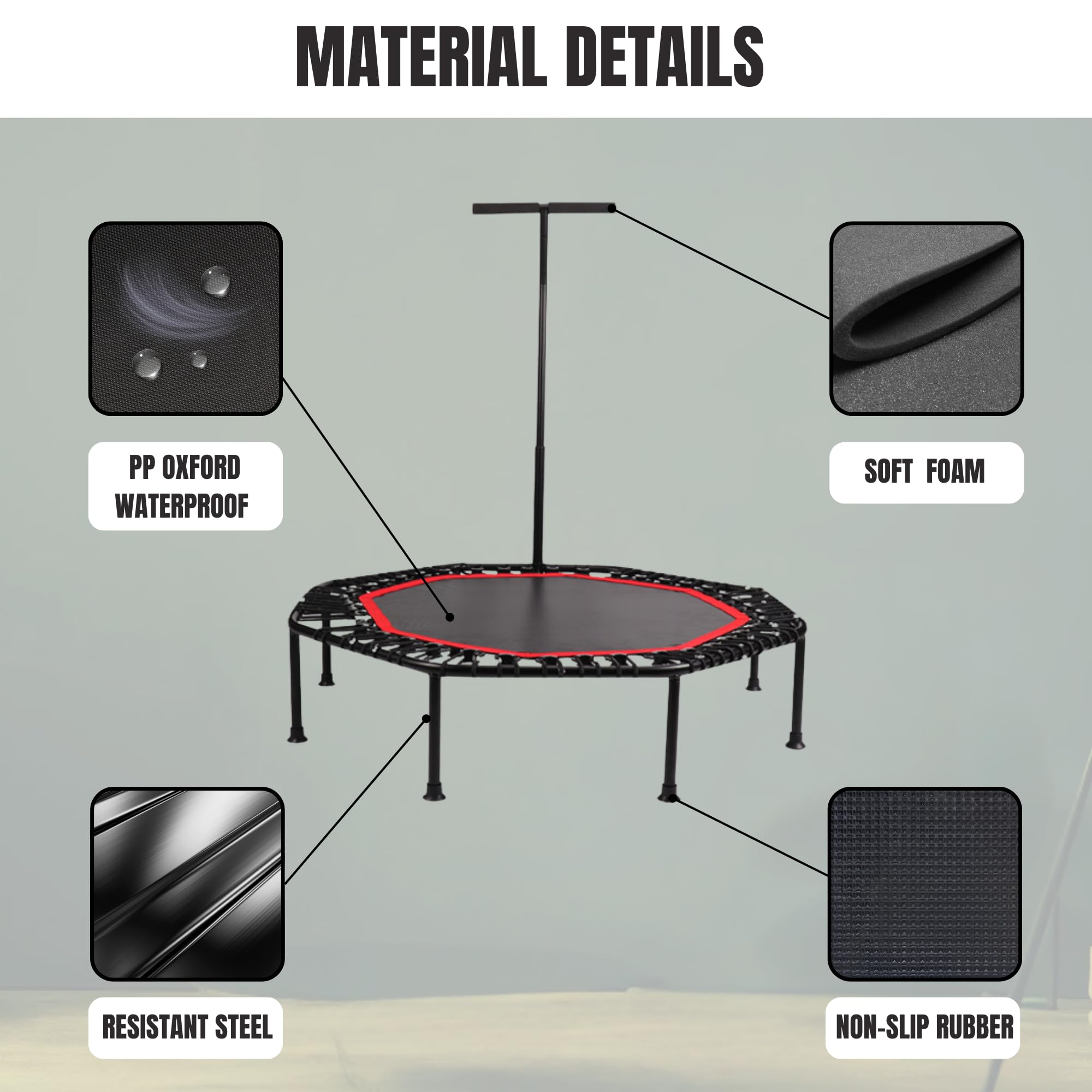 Trampolín Fitness Plegable Silencioso Ø90cm Octogonal con Apoyabrazos Ajustable para Adultos y Niños
