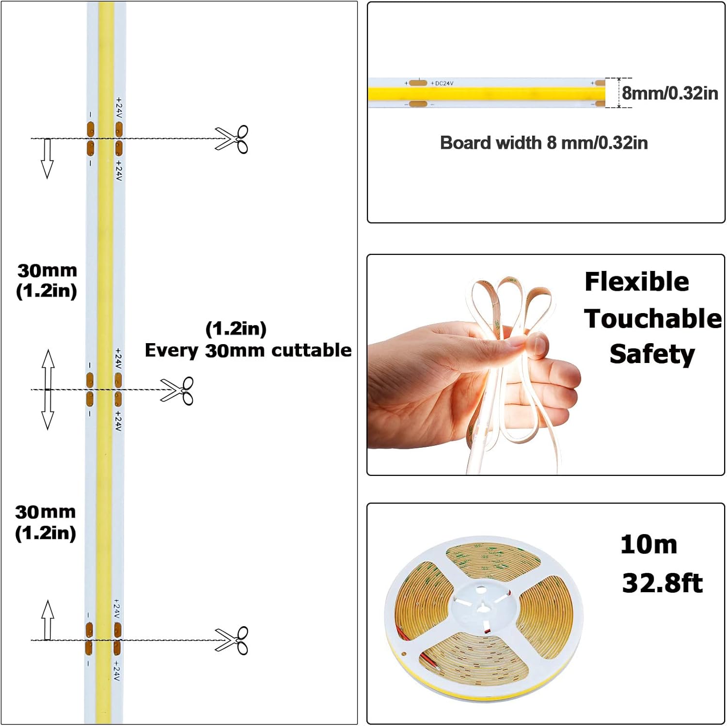 32.8ft(10M) 24V COB LED Strip Light Natural White 4000K 3840LED CRI 93+ 6800lm Uniform Glow Dotless IP20 Not Waterproof Flexible LED Tape Lights for DIY Bedroom Home Decor(No Power Supply)