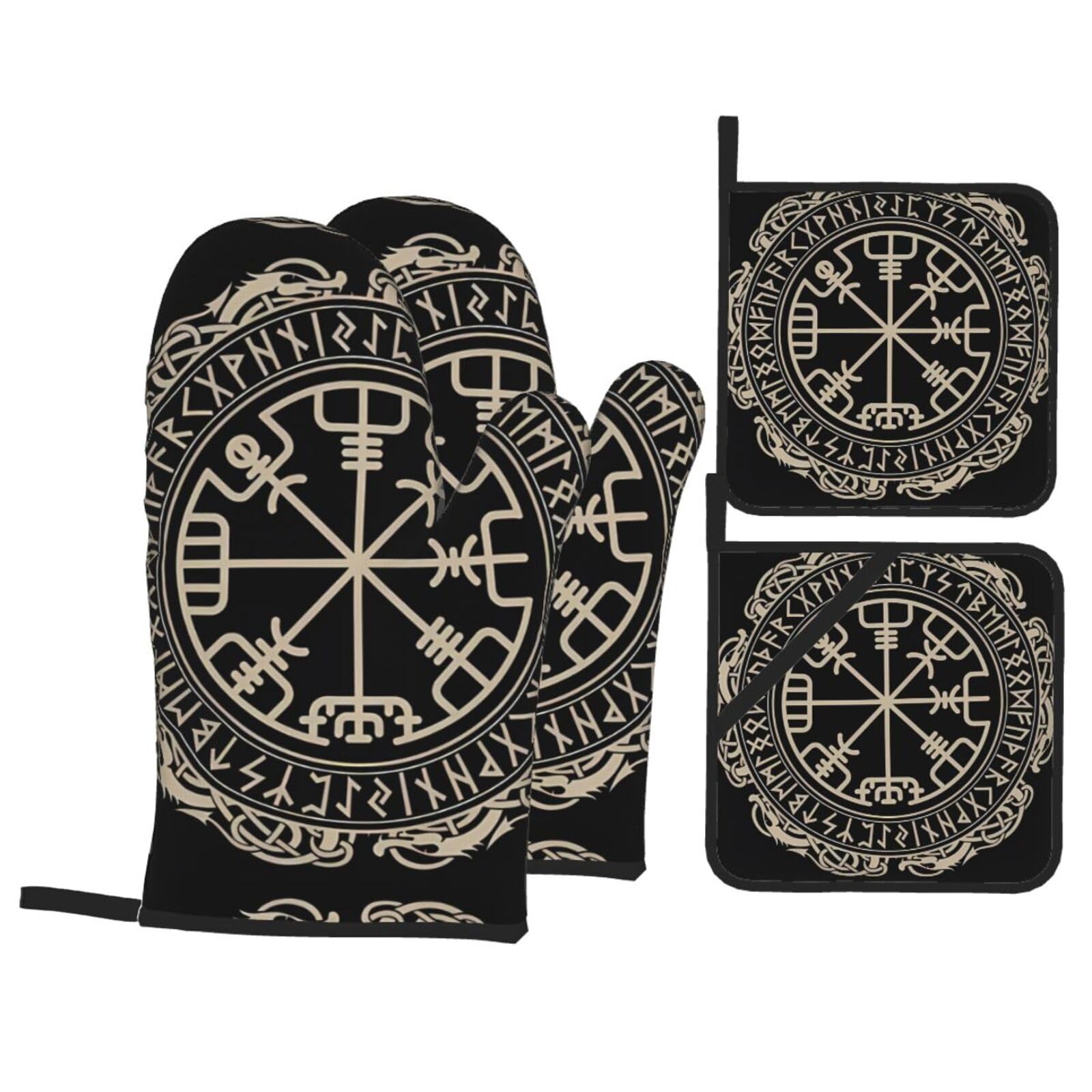 WHJSSF Magical Design Norse Runes Compass Prints Kitchen Baking Set - 4-Piece Heat Protection Layers with Waterproof Potholders for Oven, Grill & Serving