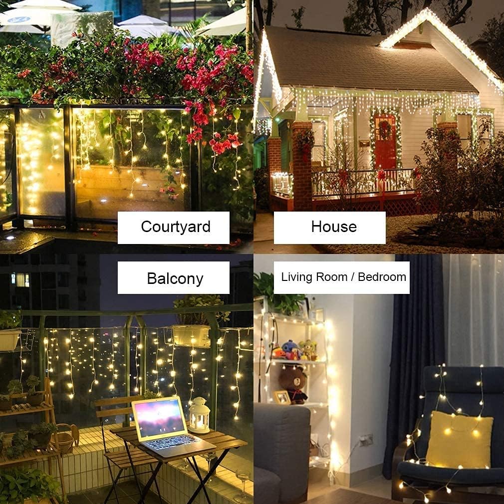 Solar String Lights, 264 LEDs Fairy Lights Waterproof, 20ft String Lights, Warm White Extendable Window Curtain Icicle Light, Christmas Decoration for Home Garden Lawn Wedding Holiday Indoor Party