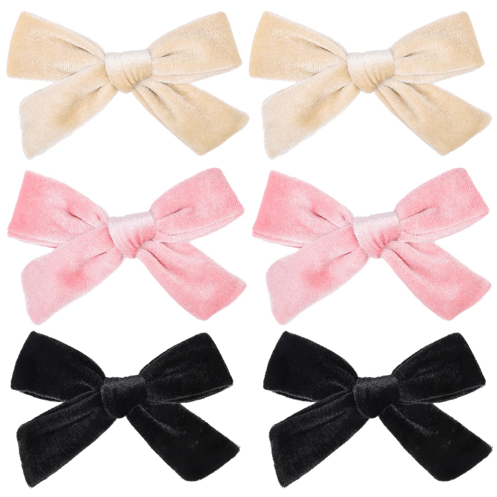 DEEKA Hair Bow, Velvet Hair Bows 6PCS 4" for Toddler Girls, Handmade Knot Bows Hair Accessories for Little Girls Kids(Black, Pink, Beige)
