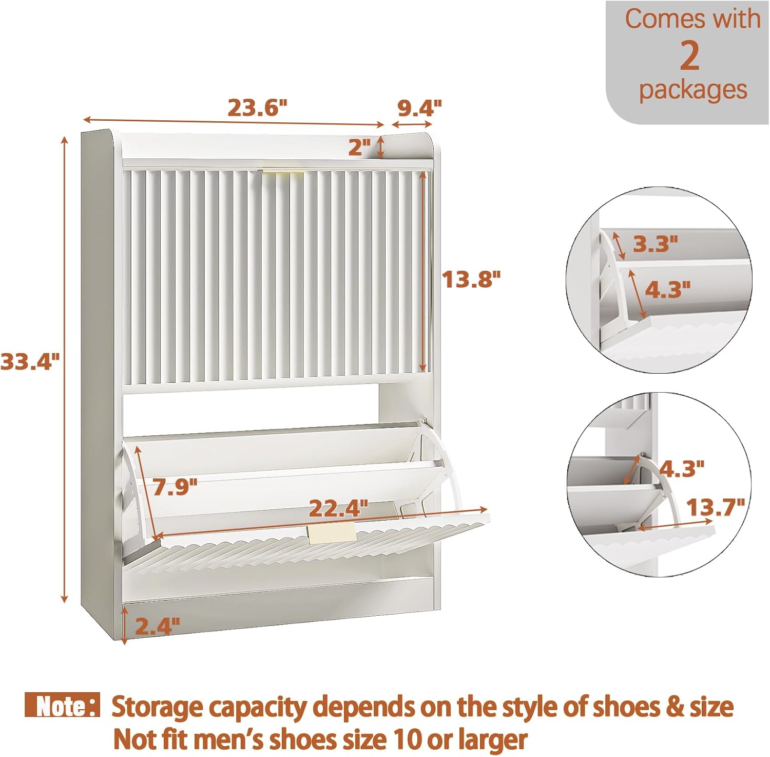 White Fluted Shoe Cabinet with 2 Flip Drawers, Narrow Shoe Storage Cabinet for Entryway, Freestanding Shoes Rack Organizer Cabinets with Adjustable Shelves for Entryway, Hallway
