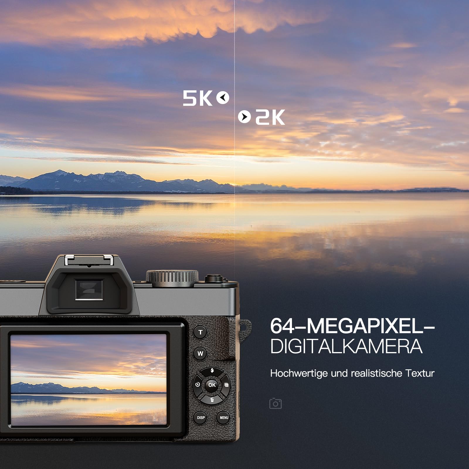 NBD 5K Digitalkamera 64MP mit Autofokus & 16X Zoom, 3" 180° klappbarem Display, WiFi – Inkl. Weitwinkel/Makro-Linse + Mikrofon + 64GB Karte + 2 Akkus (Schwarz)