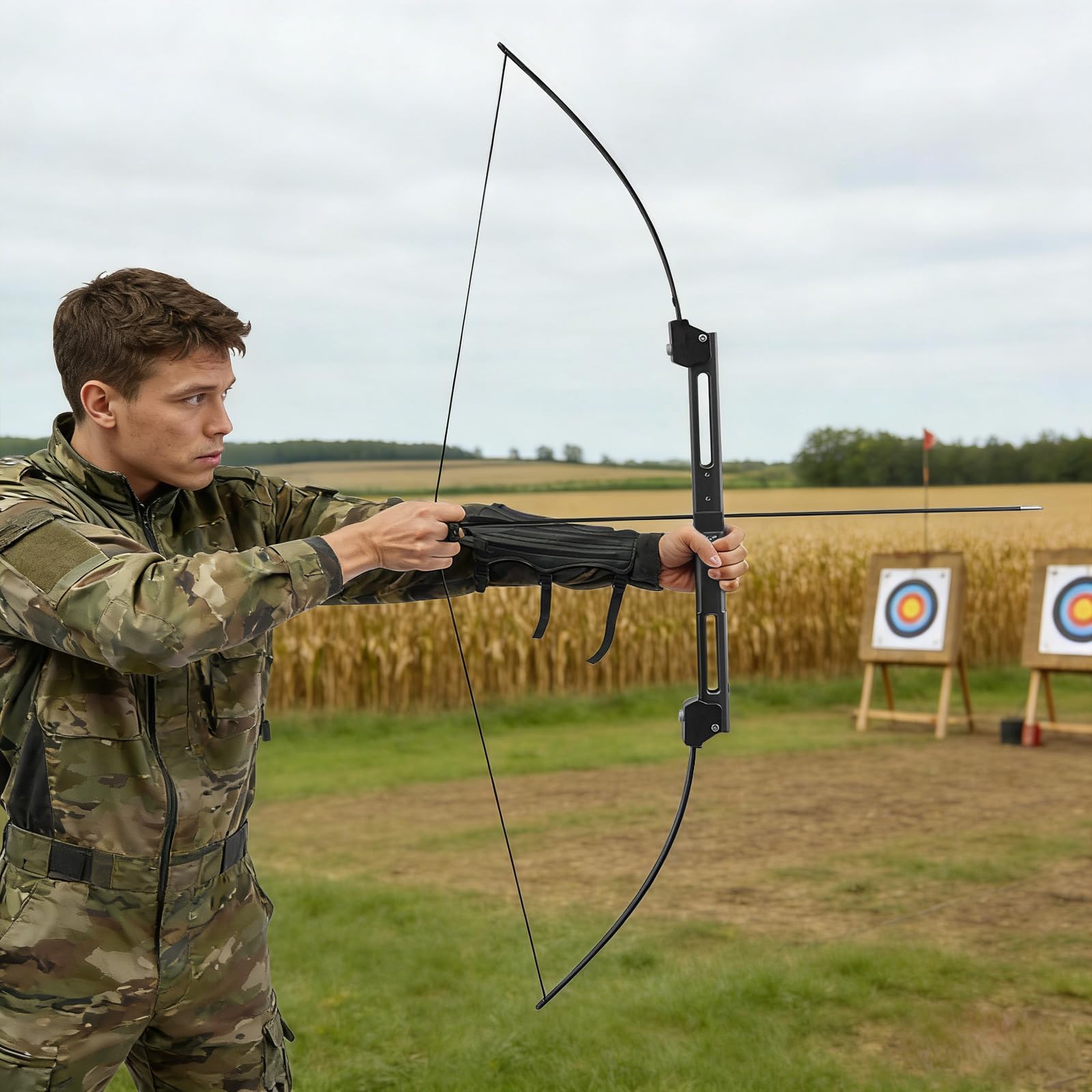Pfeil und Bogen Erwachsene Set 40lbs Recurvebogen Erwachsene für Rechts Professionell Bogenschießen Set mit 5 Zielscheiben, 12 Glasfaserpfeile, Armschutz, Fingerschutz Sportbogen