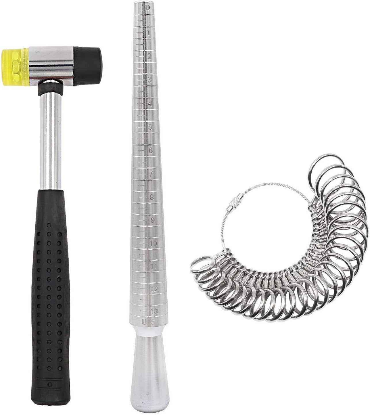 PHYHOO Rould Ring Mandrel Metal Ring Sizer Gauge Set with Jewelers Rubber Mallet Hammer Ring Measurement Tool Finger Sizing Size Measuring US Sizes 0-13 Steel Jewelry Making Tools