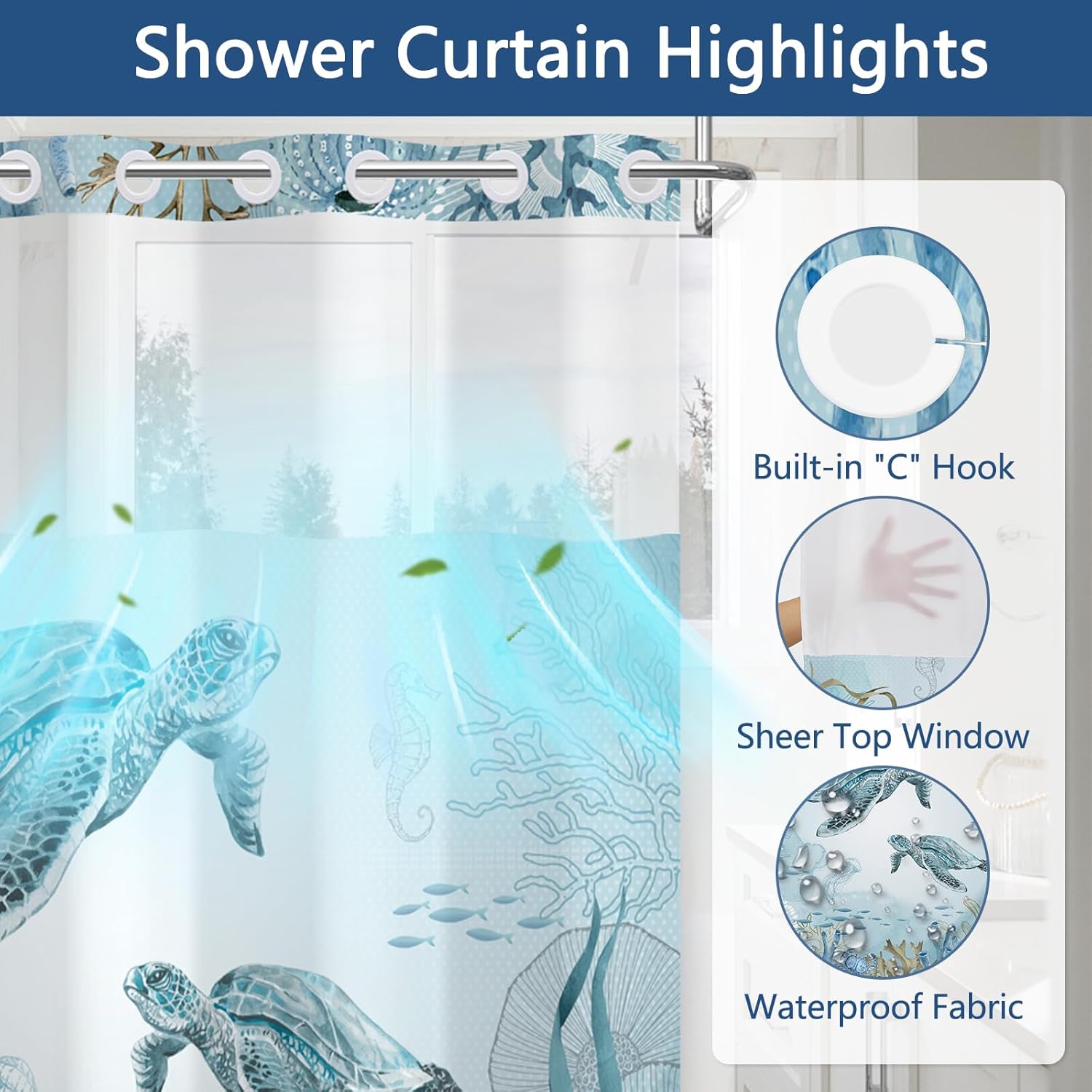 No Hook Shower Curtain with Snap in Liner, Watercolor Sea Turtle Design Shower Curtains for Bathroom, Double-Layer Waterproof Fabric Shower Curtain with Sheer Top Window and Weighted Hem, 71x74 Inch