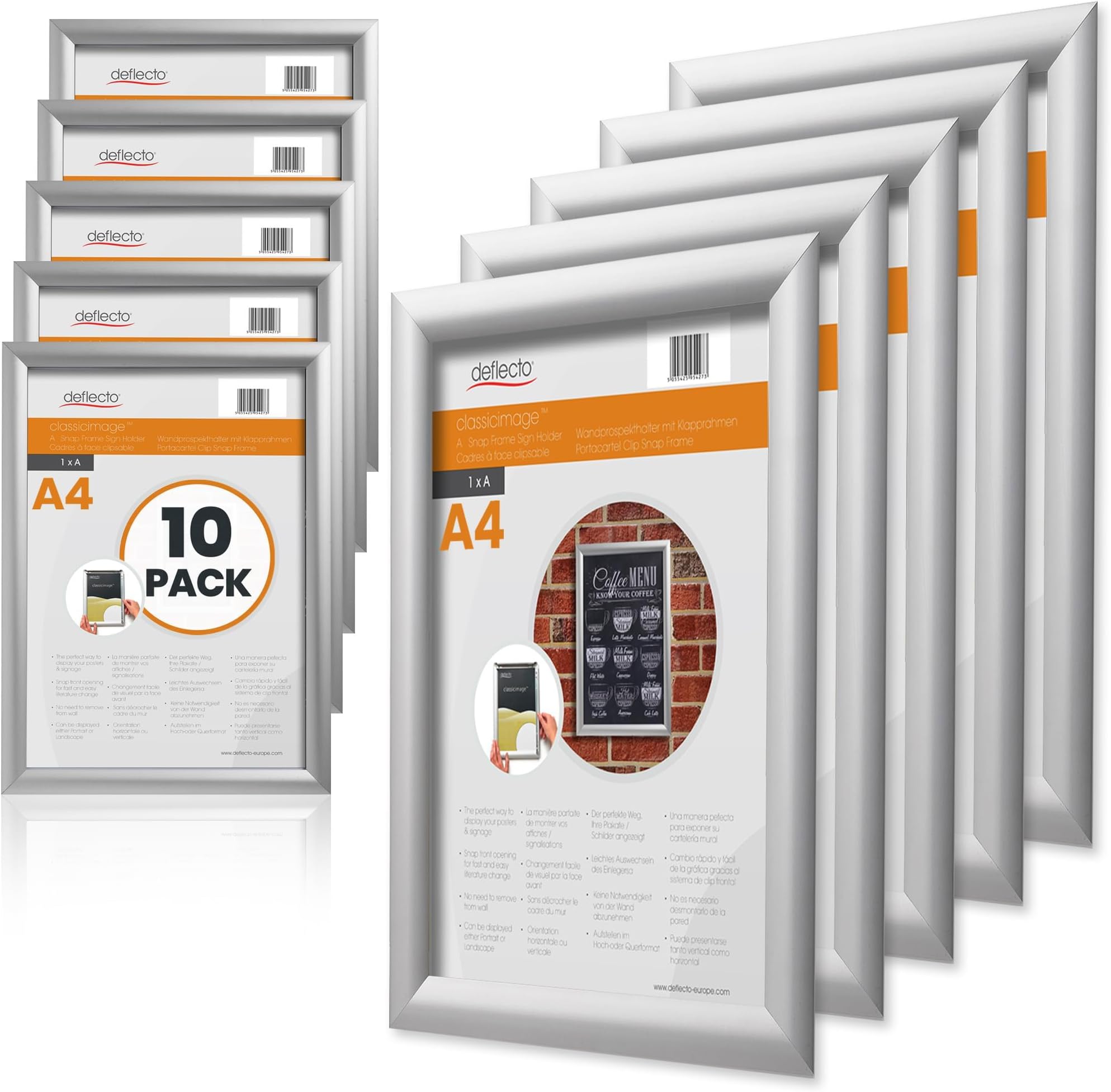 Deflecto A4 Snap Frame Silver - Pack of 10 Elegant Aluminium Clip Frame for Wall Display - Certificate and Poster Holder with Front Opening Clips