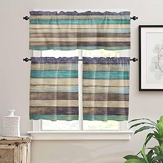 3 Pieces Kitchen Curtains Valance and Tiers Set - 24 Inch Length,Farmhouse Retro Wood Board Rod Pocket Drapes Short Window Treatment for Cafe Bathroom Bedroom,Gradient Wooden