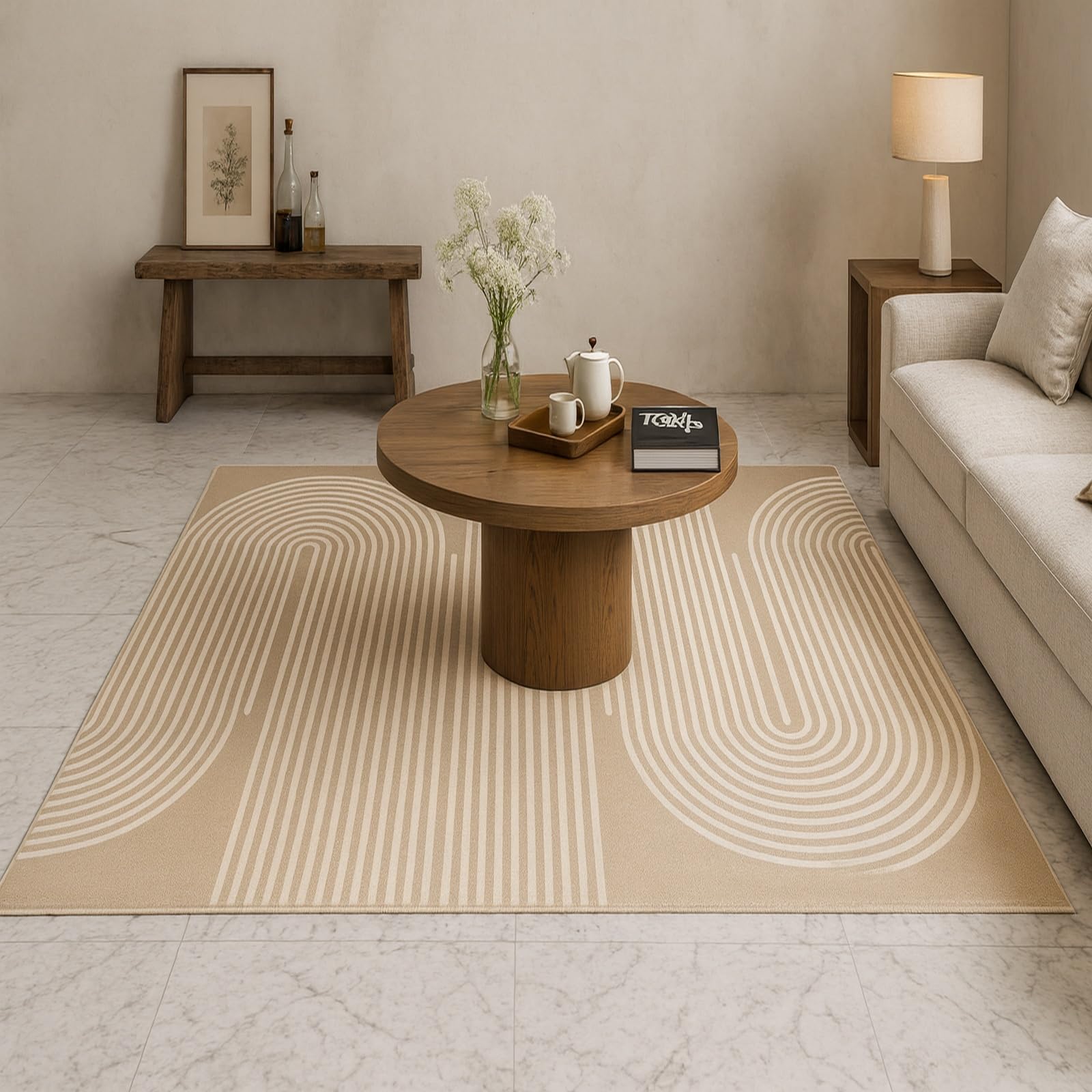 Tapis grande taille salon moderne beige 180x230cm antidérapant à poils ras pour chambre