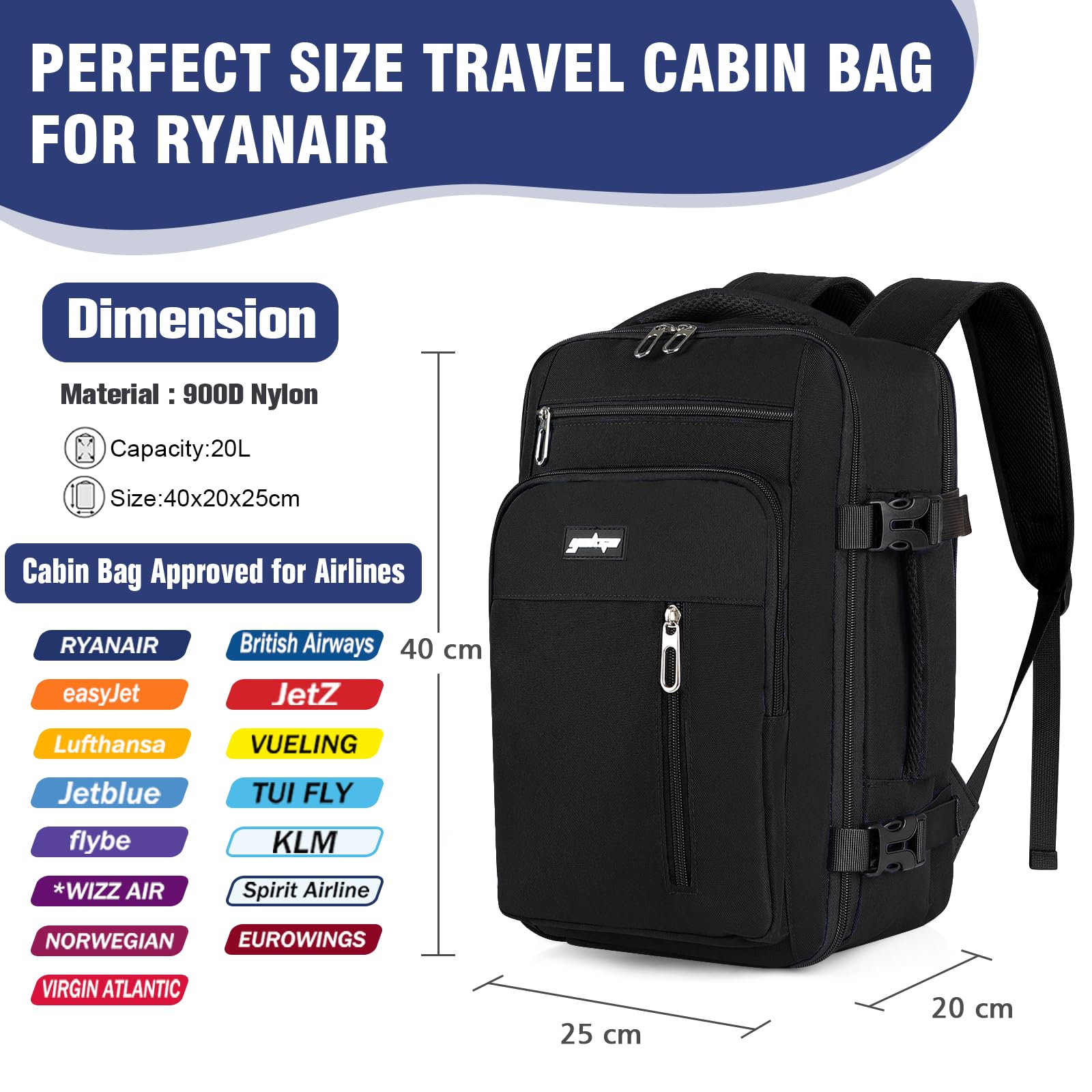 YOKGO Zaino Ryanair 40x20x25, Zaino da viaggio,Bagaglio a Mano 40x20x25 Ryanair, Zaino da Viaggio Aereo Bagaglio a Mano, Zaino Scuola, Zaino Porta PC 15,6”Zaini Zaino Aereo Sotto il Sedile Donna Uomo