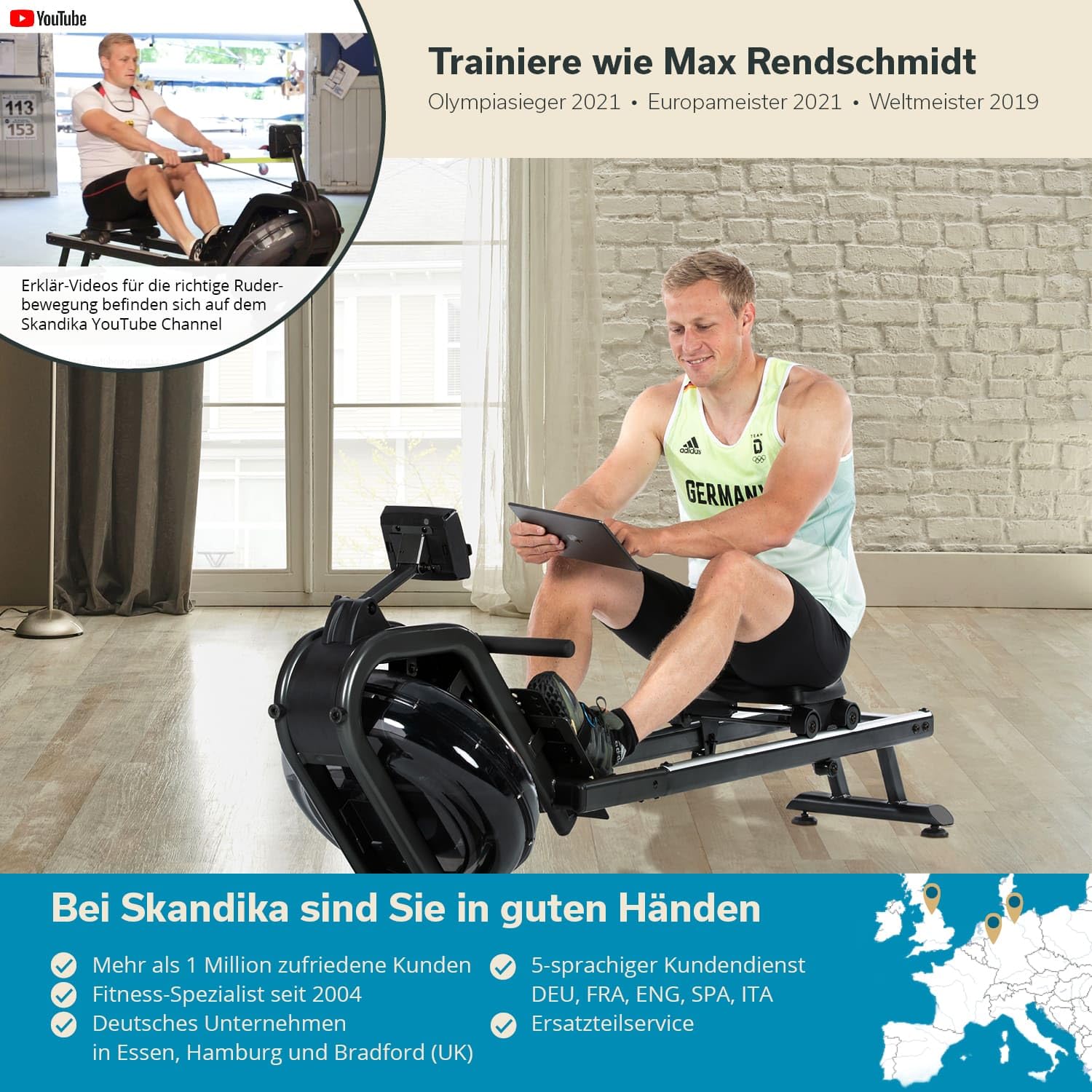 Skandika Wasserrudergerät Nemo IV | Wasser Rudergerät für Zuhause in Studio Qualität durch TÜV Süd geprüft, Kinomap, Tablet Halterung, aufstellbar | Rudermaschine mit Wasserwiderstand