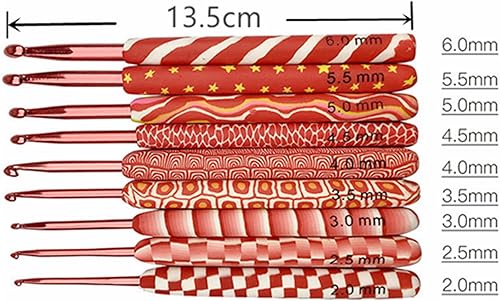 Miniatura 2 de Tyenaza 9 ganchos de ganchillo tamaños diferenciables mango rojo agarre ergonómico material de aluminio juego de agujas de tejer