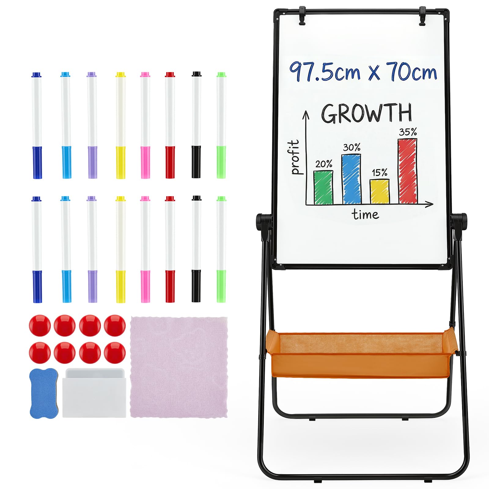 Flip Chart Whiteboard, 97.5x70cm Double-Sided Magnetic Whiteboard Easel, Height Adjustable & 360° Rotating, with 16 Markers