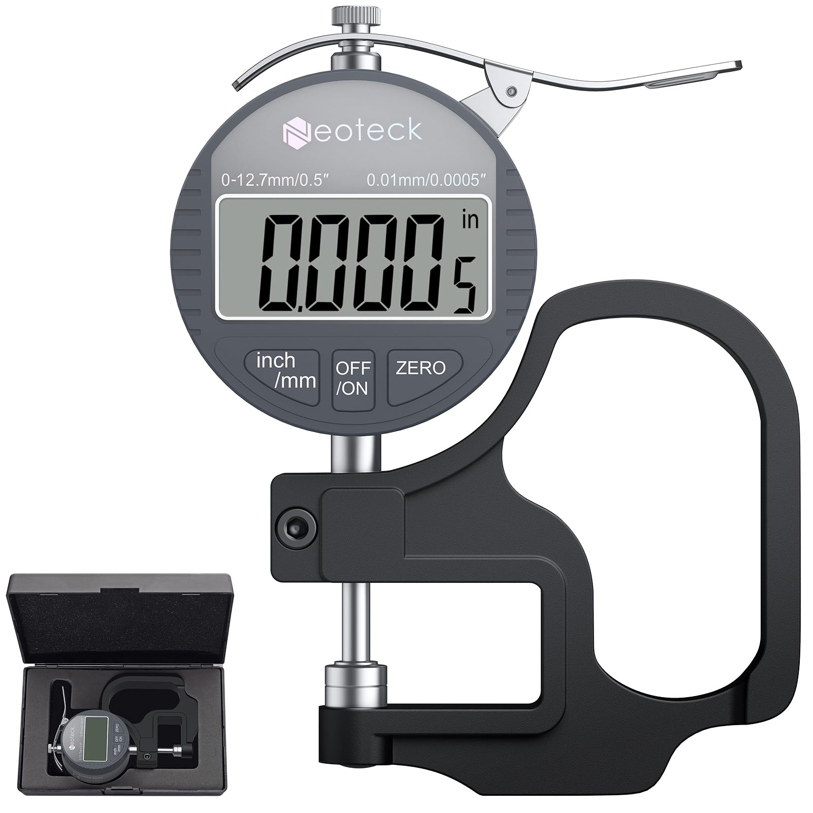 Neoteck Digital Thickness Gauge 0.5inch/12.7mm,0.0005inch/0.01mm LCD Display with Inch/MM Conversion One-Hand Quick Press Thickness Measuring Tool for Measuring Leather Paper Fabric Film etc.-Silver