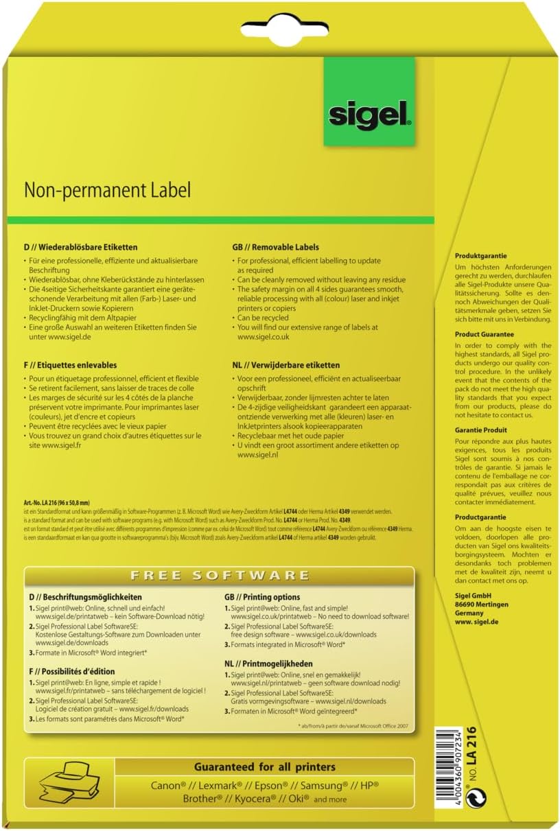Sigel LA216 Removable Labels, 3.78 x 2 inches, White, 250 Labels