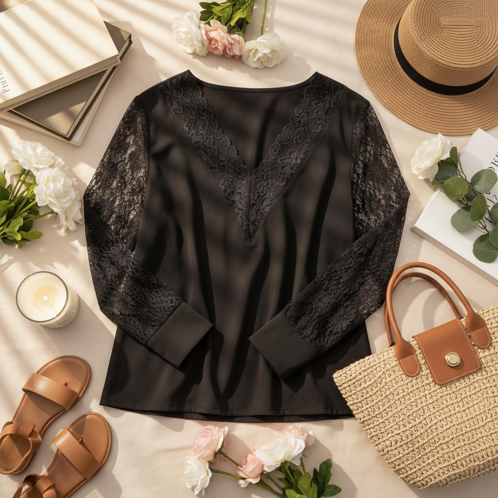 Akivide Womens Long Sleeve Sexy Lace Crochet Dressy Casual V Neck T Shirts Blouses Tunic Tops Slim Fit - Image 4