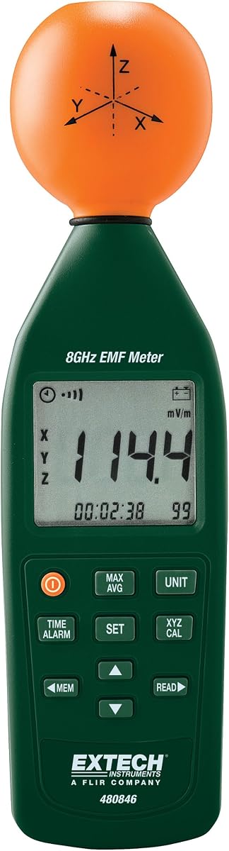 Extech 480846 Electromagnetic 8GHz RF Field Strength Meter | 10MHz-8GHz, 3-axis isotropic probe, cellular/5G/microwave, alarms, memory, backlit LCD, case