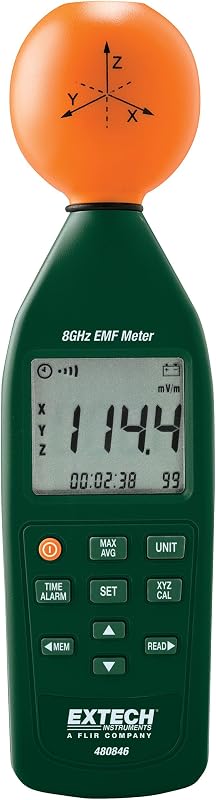 Extech 480846 Electromagnetic 8GHz RF Field Strength Meter | 10MHz-8GHz, 3-axis isotropic probe, cellular/5G/microwave, alarms, memory, backlit LCD, case