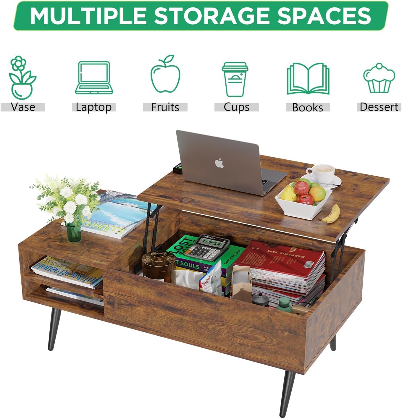 Coffee Table, Tea Table with Adjustable Storage, Storage Coffee Table with Hidden Compartment, Center Table, Lift Top Coffee Table with Storage, Coffee Table Lift Top for Living Room Reception, Brown