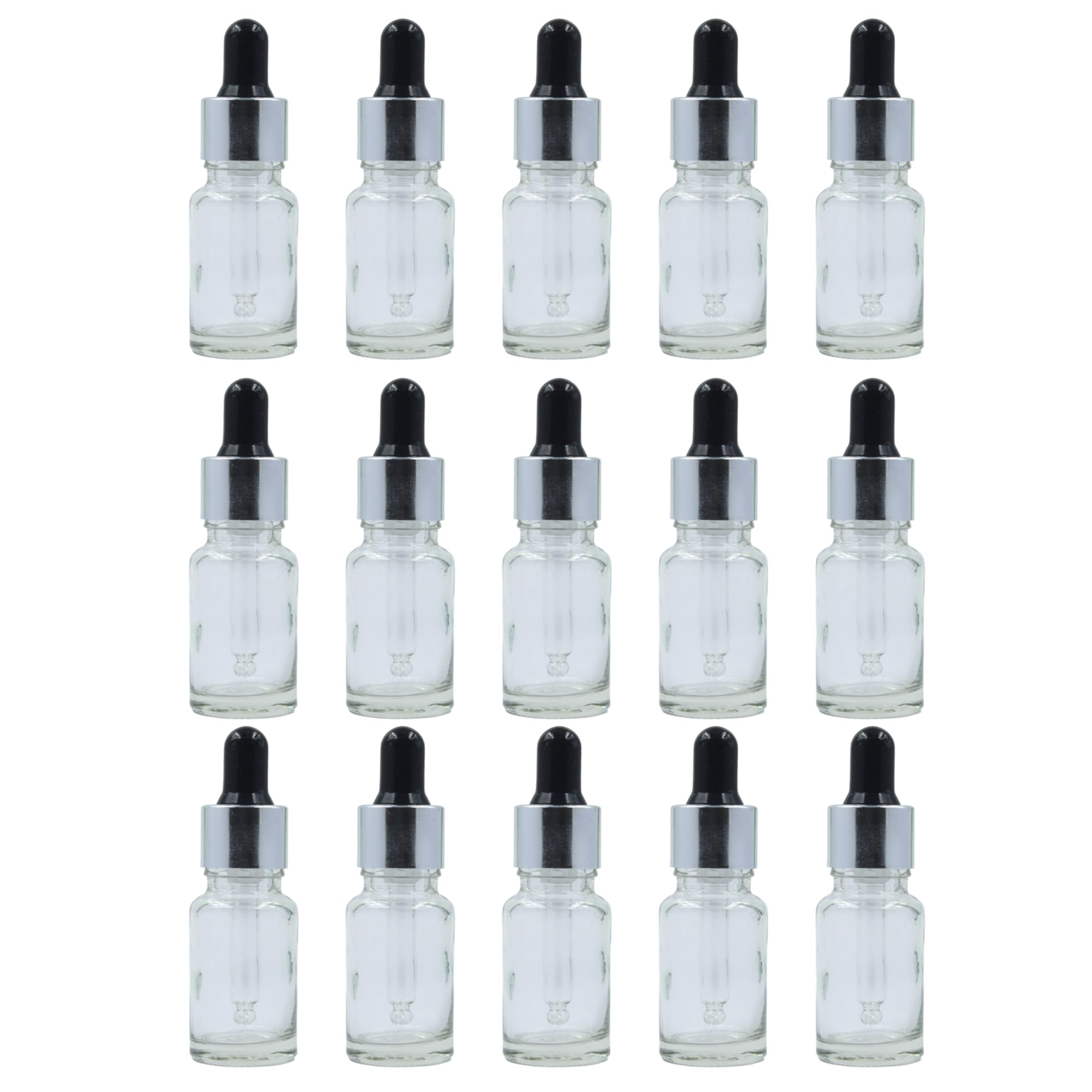 PHARCOS Transparent Glass Bottle with Euro Dropper for Essential Oil, DIY Beauty care with Silver ring + Black Silicone Teat, Leak Proof, Reusable, Refillable. 10ML - Pack of 15