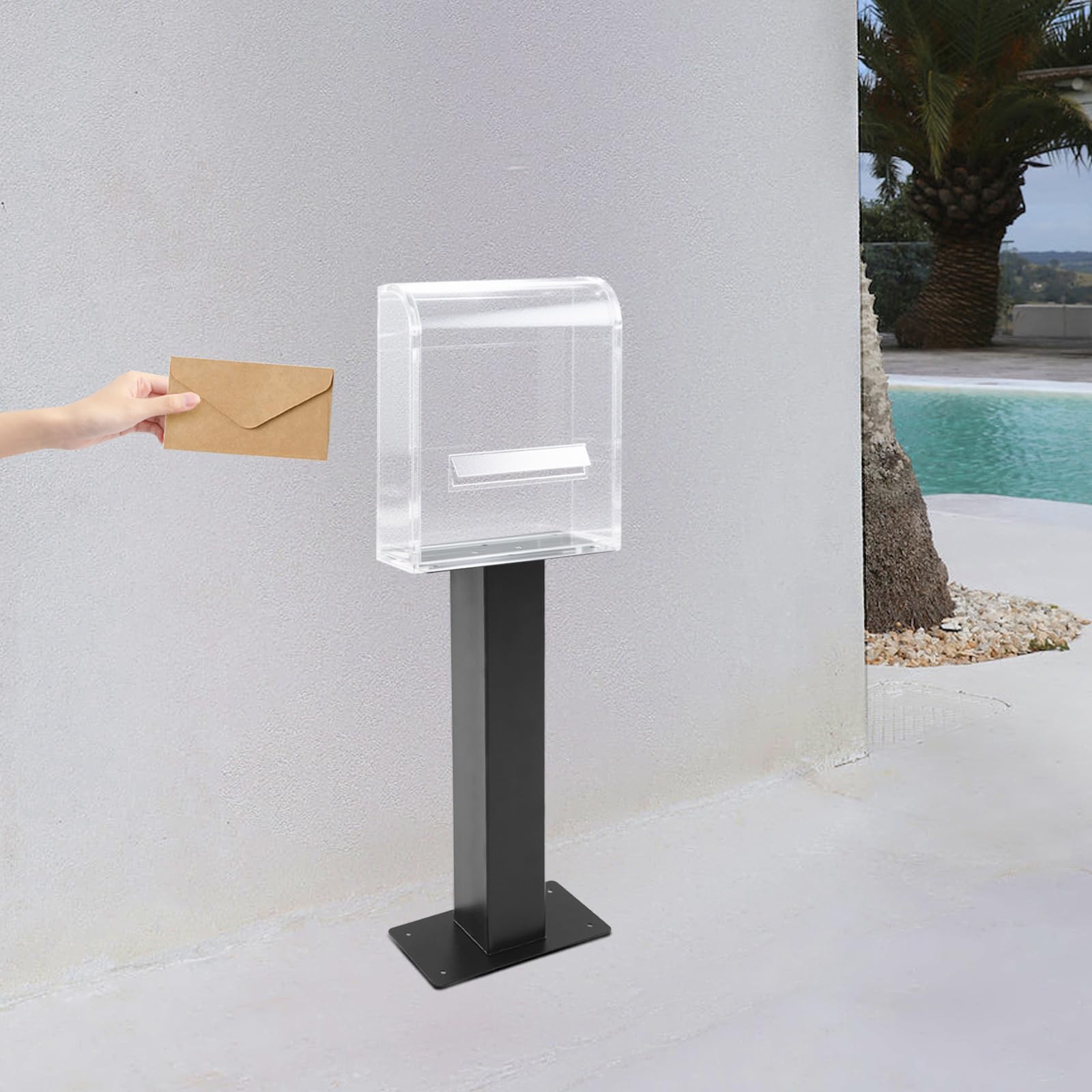 Supporto per cassetta delle lettere, montaggio a pavimento, nero, in acciaio al carbonio, portata 50 kg, resistente alle intemperie, adatto per cassette delle lettere standard DHL, con materiale di