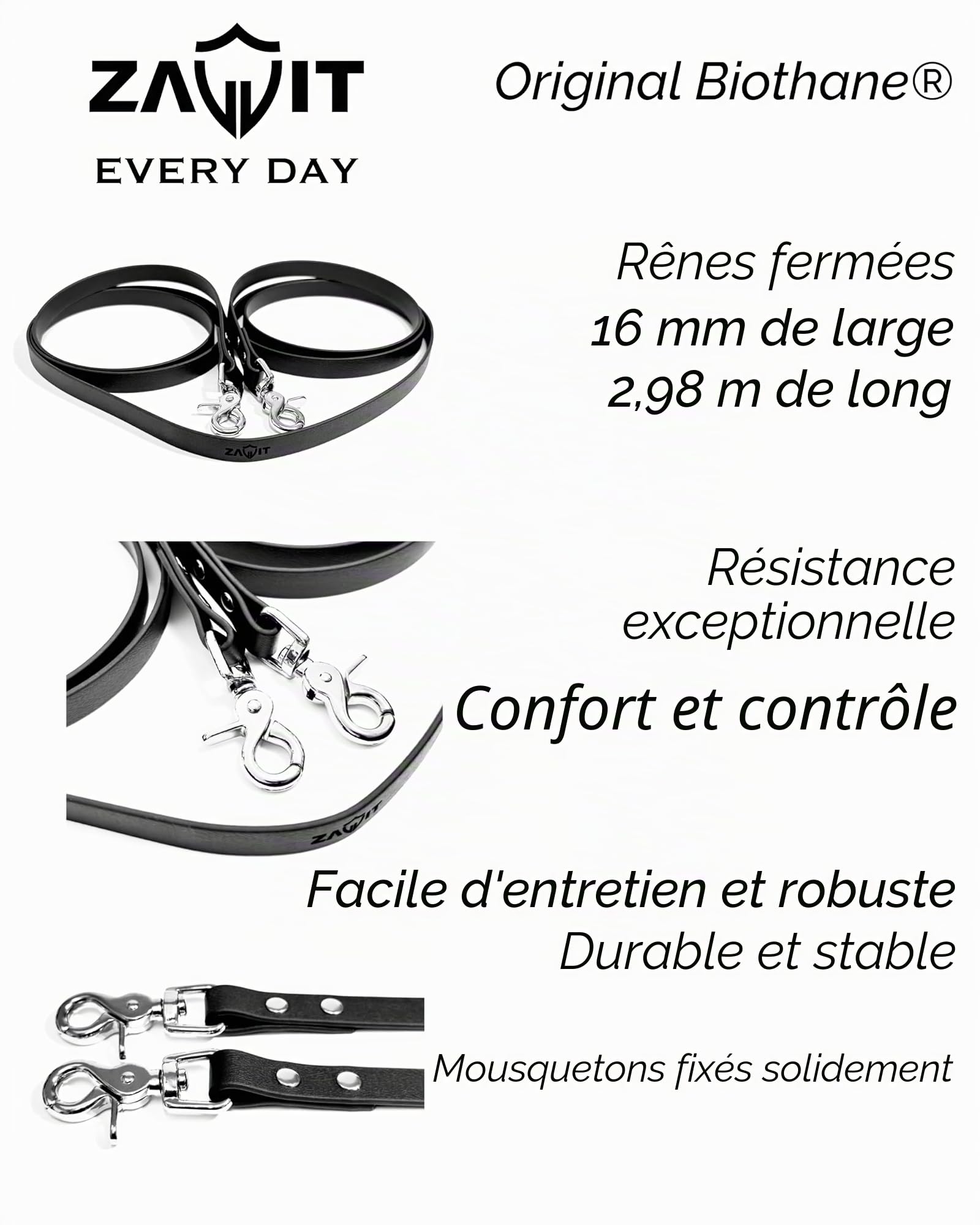Rênes en BioThane fermées avec mousqueton à ciseaux, 16 mm de large, 3 m de long, noir | Rênes souples, plates et faciles d'entretien, sans barres, pour l'entraînement et l'équitation