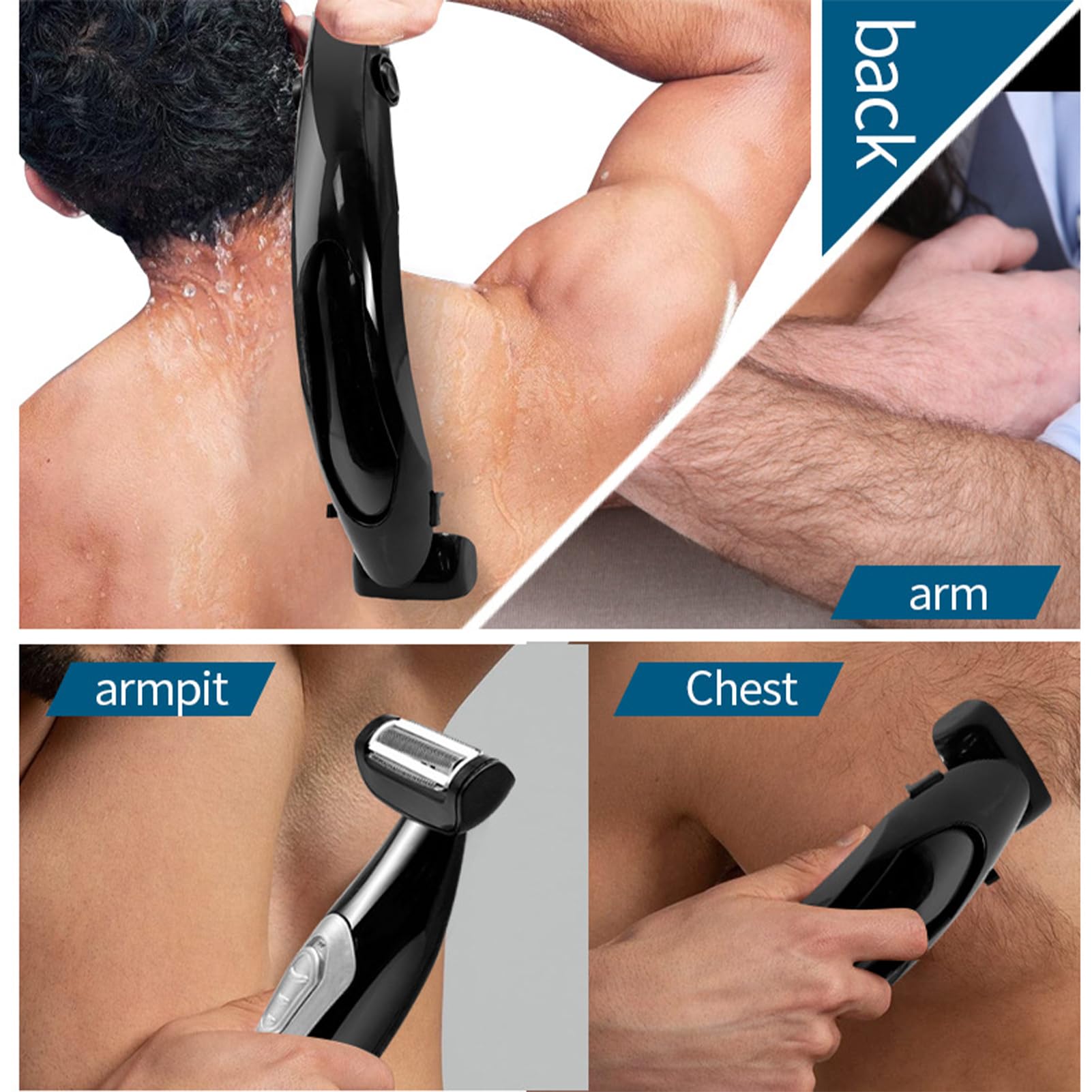 Rifinitore per del Corpo Uomo - Rasoio Elettrico per la Schiena con Manico Lungo Rimovibile, Rifinitore per Zona Pubica, Schiena, Viso, Gambe e Barba, Uso a Umido e Asciutto,