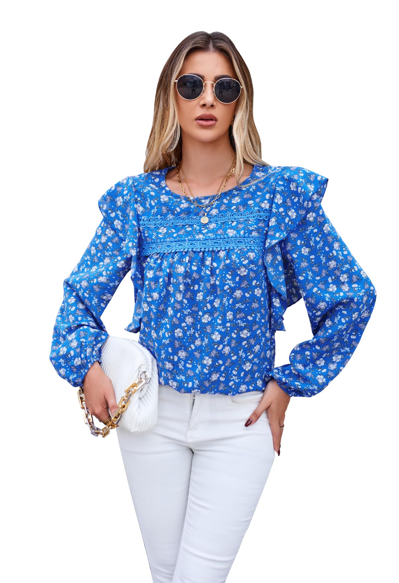 Women's Long Sleeve Blouse Loose Casual Crewneck Shirts Boho Floral Swiss Dot Ruffle Tops 2025 Spring Dressy Tunic