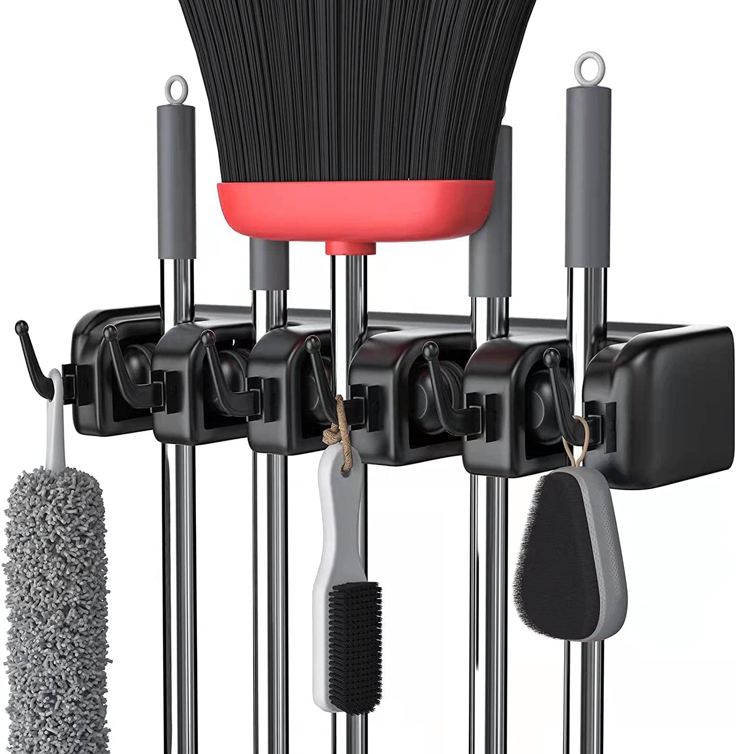 Kienlix Plastic Mop And Broom Holder Wall Mount Hanging Shelves, Heavy Duty Broom Holder Wall Mounted Or Tool Organizer For Home Garden Garage And Storage (5 Positions With 6 Hooks) (Black) (B0BNNPX6KJ) Amazon Price History, Amazon Price Tracker