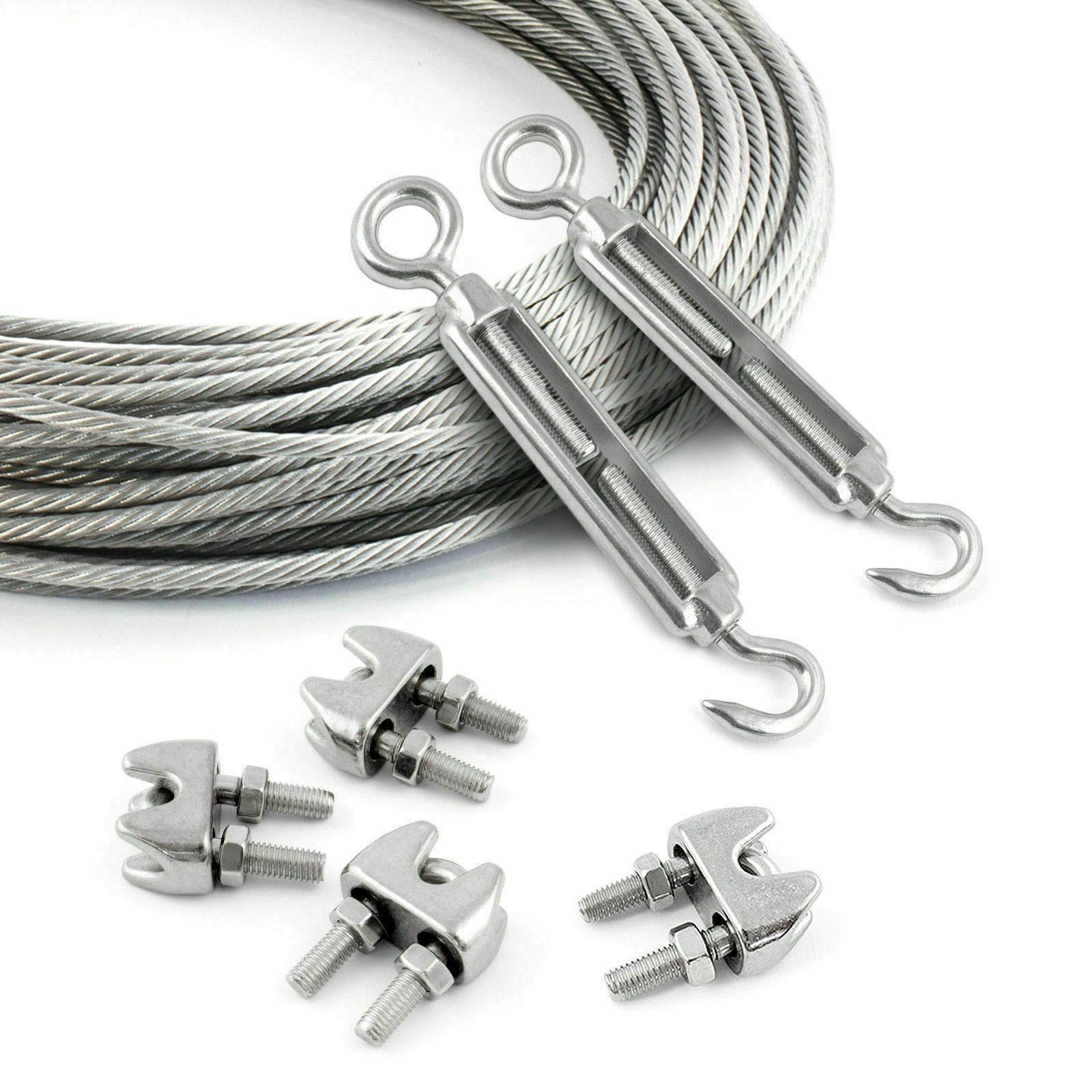 Juego de cuerdas de acero DQ PP, 5 mm, 200 m, 4 abrazaderas de cable de 5 mm, 2 tensores M5 ganchos – ojal de acero inoxidable inoxidable inoxidable 7x7 medio, cuerda de alambre para enredaderas de