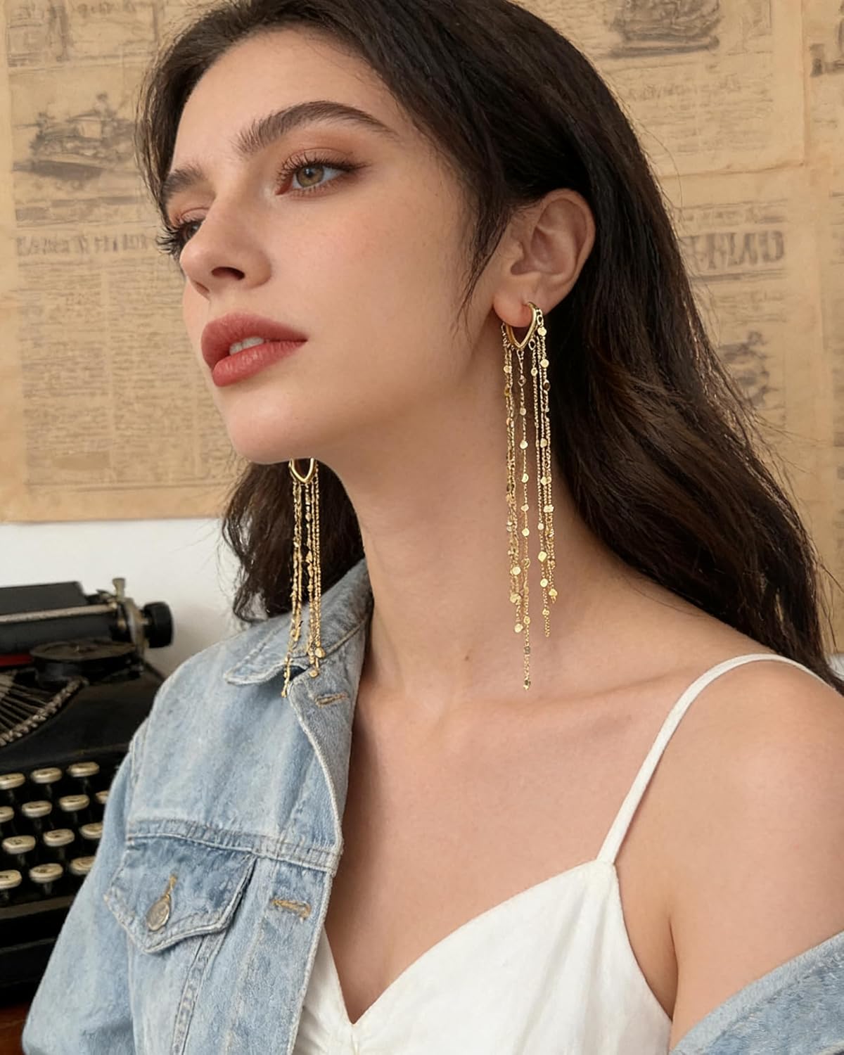 Long Gold Tassel Earrings for Women Trendy 14k Gold Plated Chain Dangle Earrings Golden Huggie Heart Drop Ear-rings Wedding Party Prom Ear Jewelry Accessories Gifts for Her - Image 2